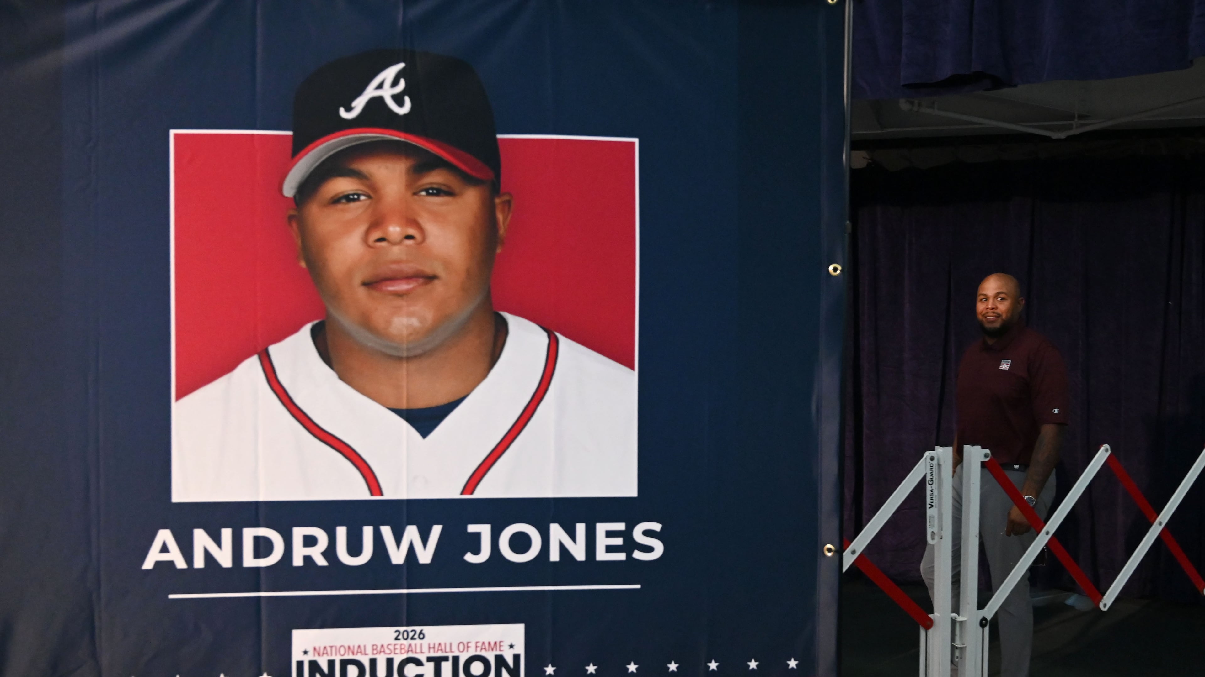 Andruw Jones prepares to speak to members of the media at the Clark Sports Center on Saturday, July 25, 2026, in Cooperstown, N.Y. Jones was inducted into the National Baseball Hall of Fame on Sunday as part of the Class of 2026, alongside Carlos Beltrán and Jeff Kent. (Hyosub Shin/AJC)