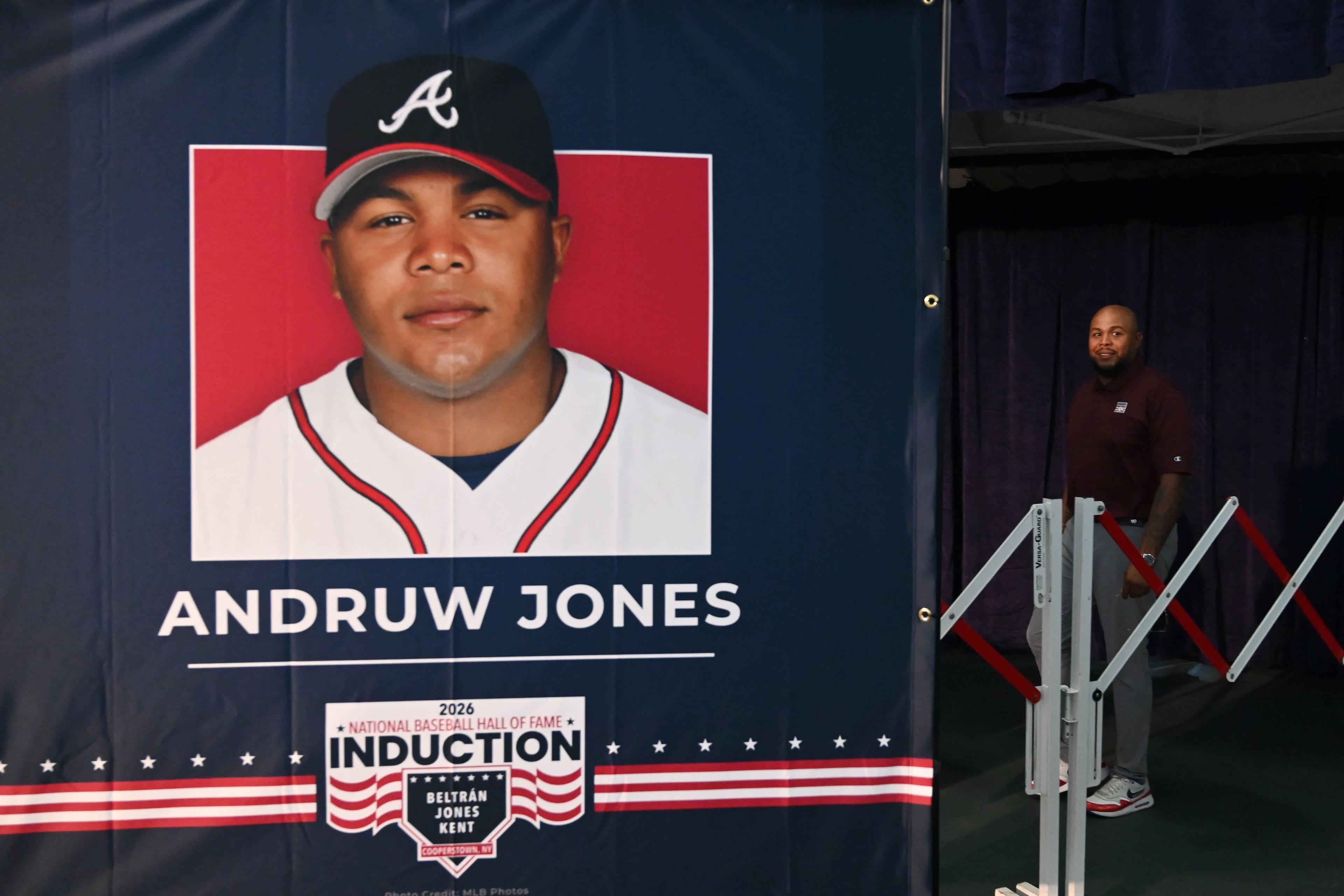 Andruw Jones prepares to speak to members of the media at the Clark Sports Center on Saturday, July 25, 2026, in Cooperstown, N.Y. Jones was inducted into the National Baseball Hall of Fame on Sunday as part of the Class of 2026, alongside Carlos Beltrán and Jeff Kent. (Hyosub Shin/AJC)