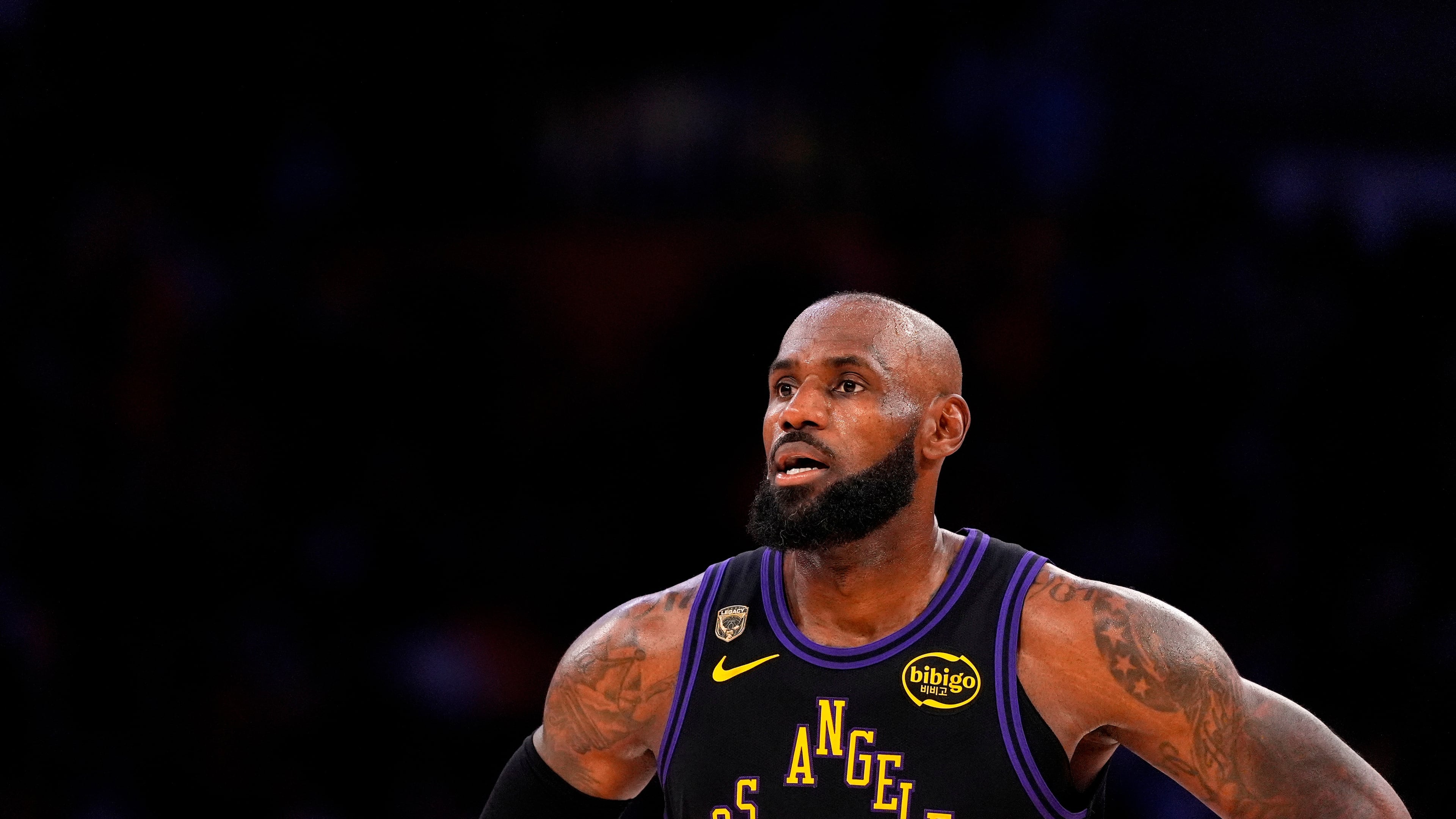 FILE - Los Angeles Lakers forward LeBron James stands on the court in the closing minutes of Game 4 in a second-round NBA basketball playoffs series against the Oklahoma City Thunder, May 11, 2026, in Los Angeles. (AP Photo/Mark J. Terrill, File)