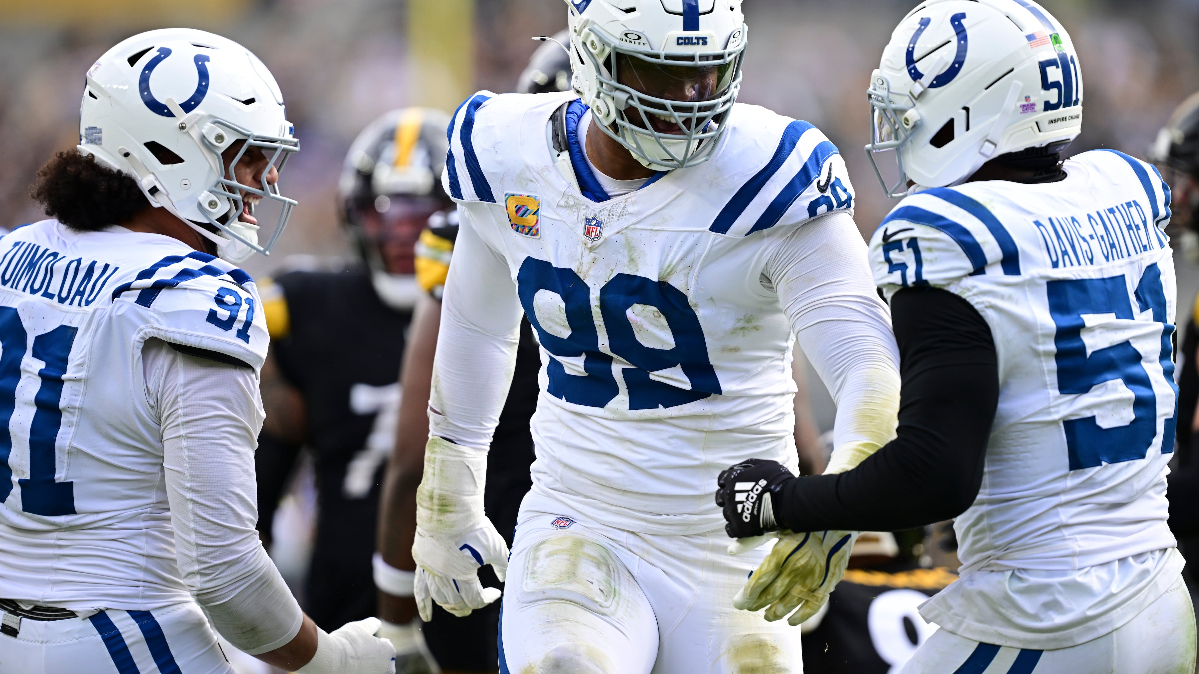 Indianapolis Colts defensive tackle DeForest Buckner (99) celebrates a sack against the Pittsburgh Steelers during the second half of an NFL football game in Pittsburgh, Sunday, Oct. 11, 2026. (AP Photo/David Dermer )