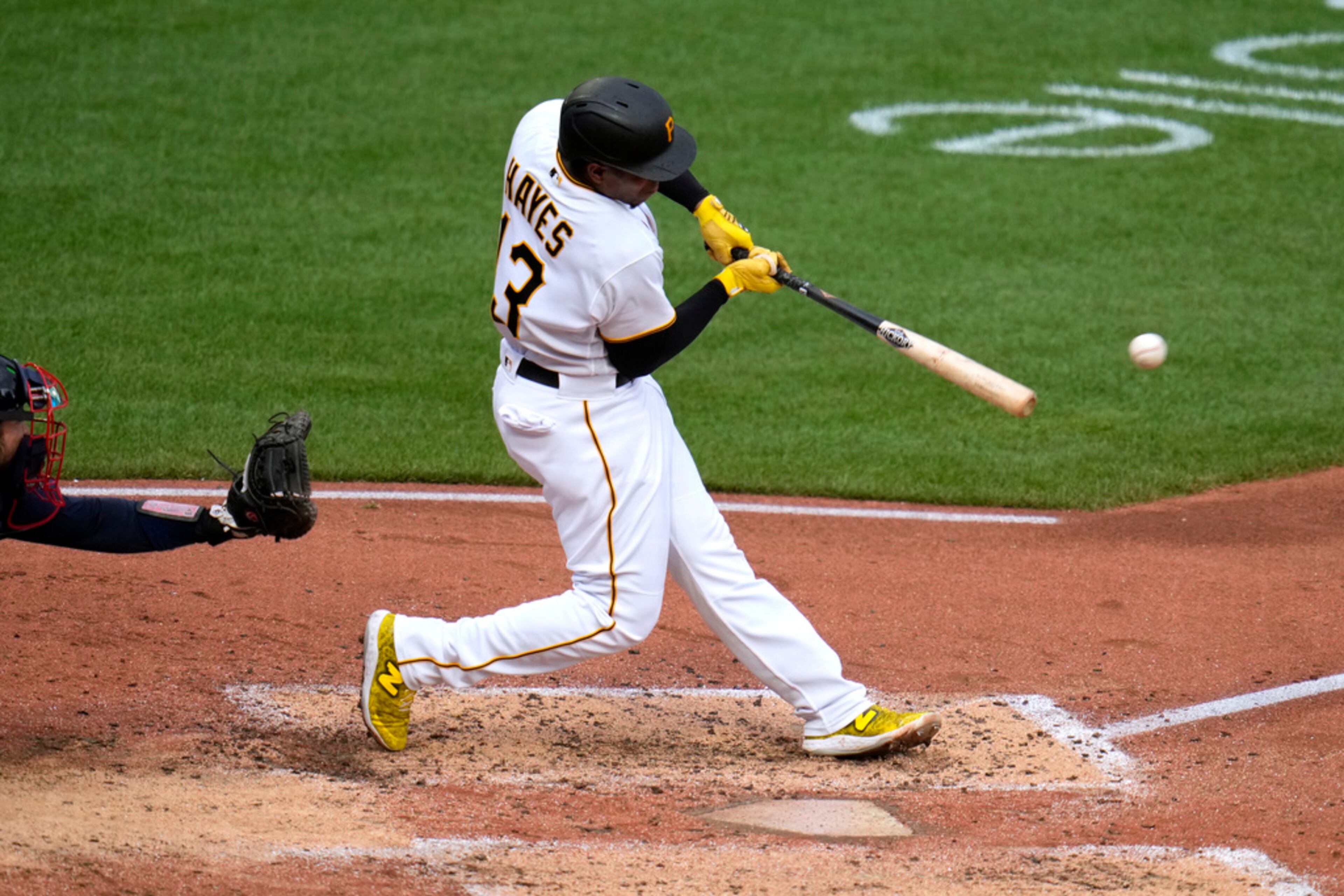Pittsburgh Pirates' Ke'Bryan Hayes hits a two-run single off Atlanta Braves starting pitcher Bryce Elder during the third inning of a baseball game in Pittsburgh, Thursday, Aug. 10, 2023. (AP Photo/Gene J. Puskar)