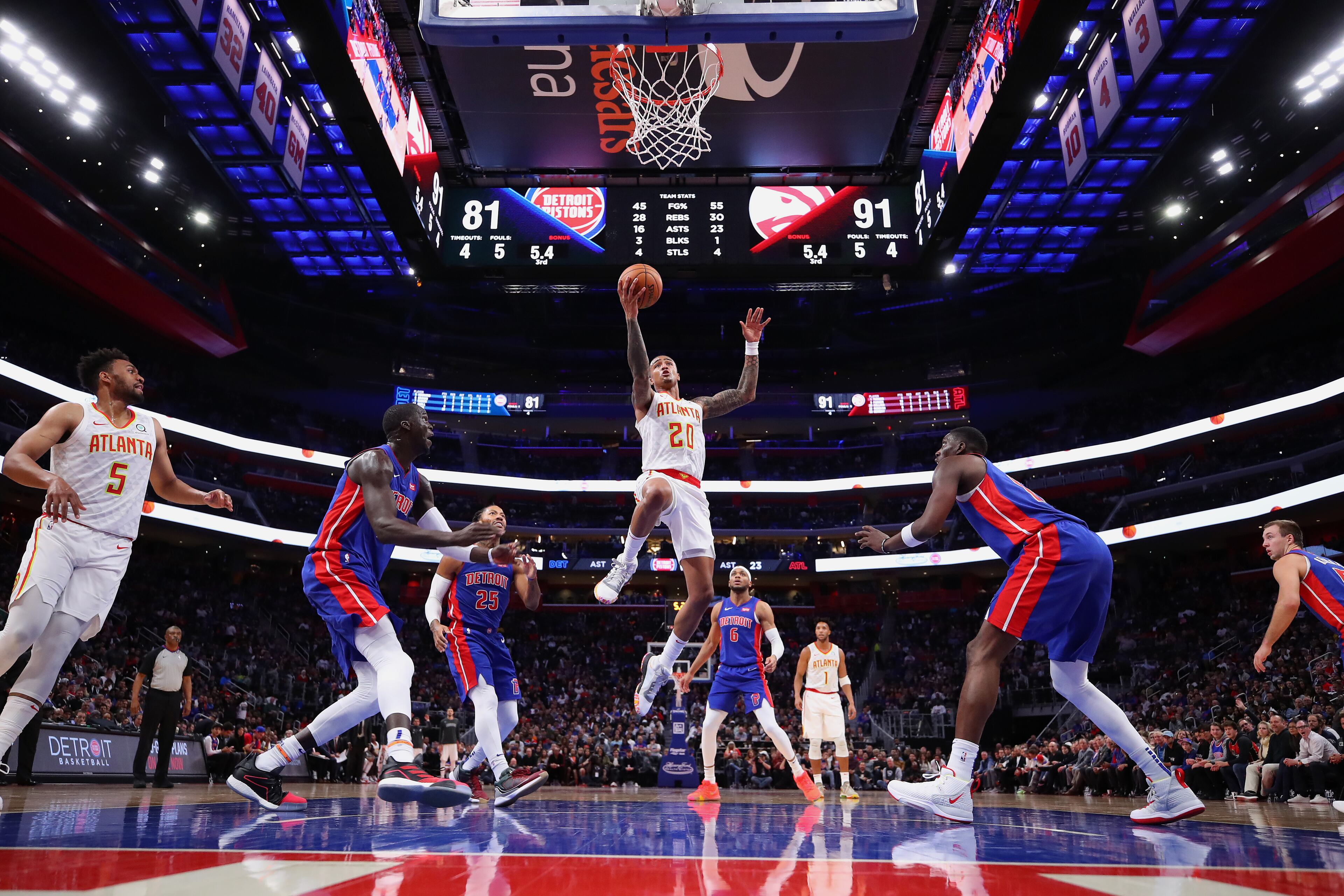 John Collins #20 of the Atlanta Hawks drives to the basket against the Detroit Pistons during the second half at Little Caesars Arena on October 24, 2019 in Detroit, Michigan. (Photo by Gregory Shamus/Getty Images)