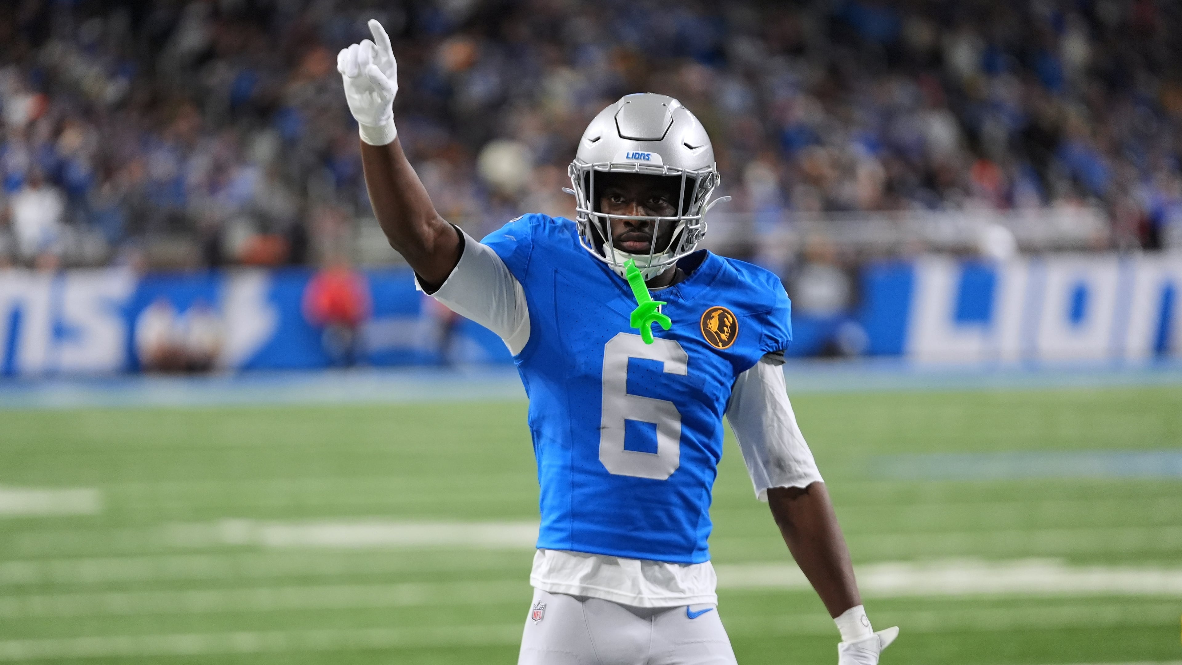 FILE - Detroit Lions cornerback Terrion Arnold reacts to a play against the Green Bay Packers during an NFL football game in Detroit, Nov. 27, 2025. (AP Photo/Paul Sancya, File)