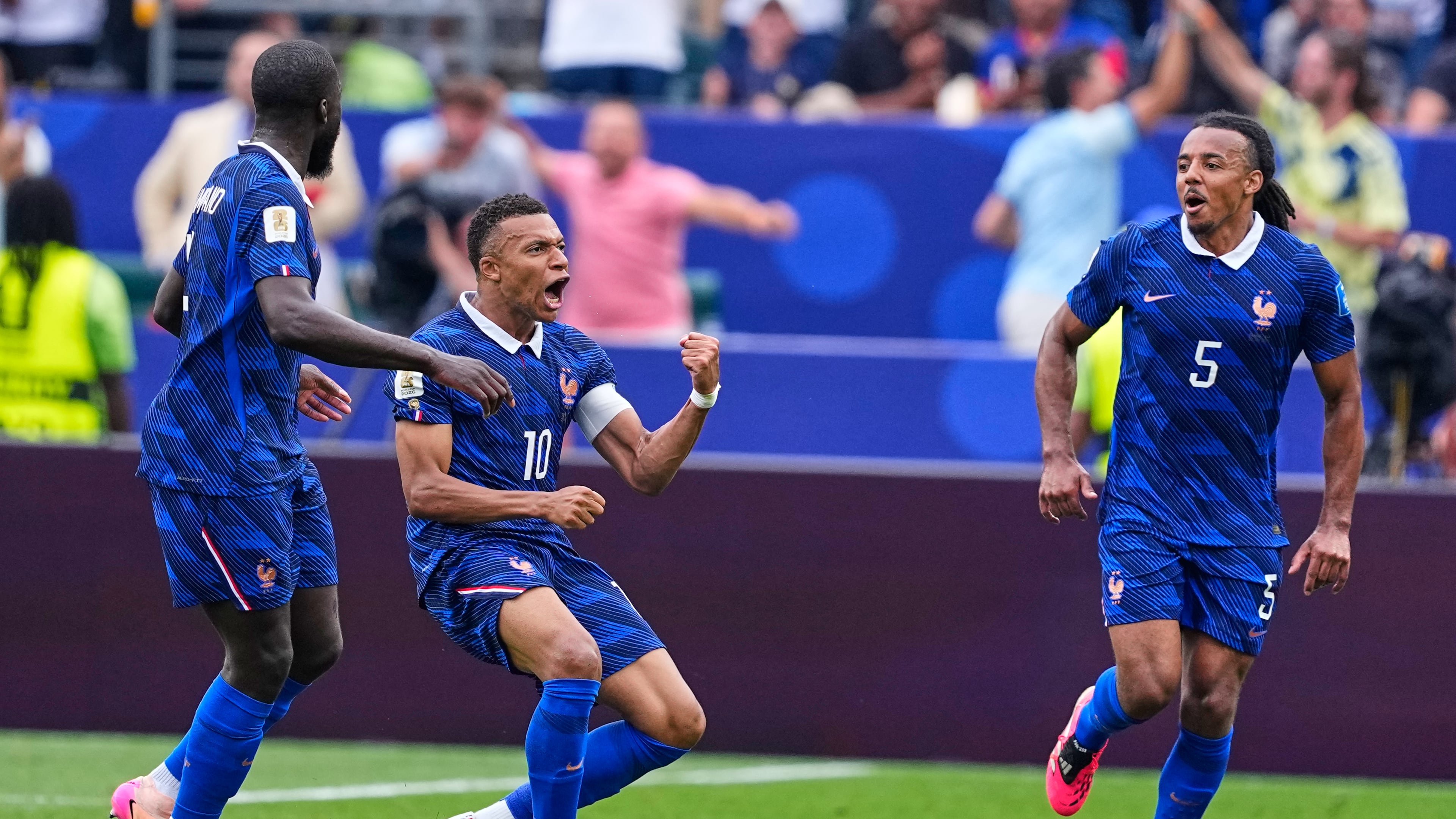 France's Kylian Mbappe (10) celebrates after scoring his team's first goal during the World Cup Group I soccer match between France and Iraq in Philadelphia, Monday, June 22, 2026. (AP Photo/Petr David Josek)