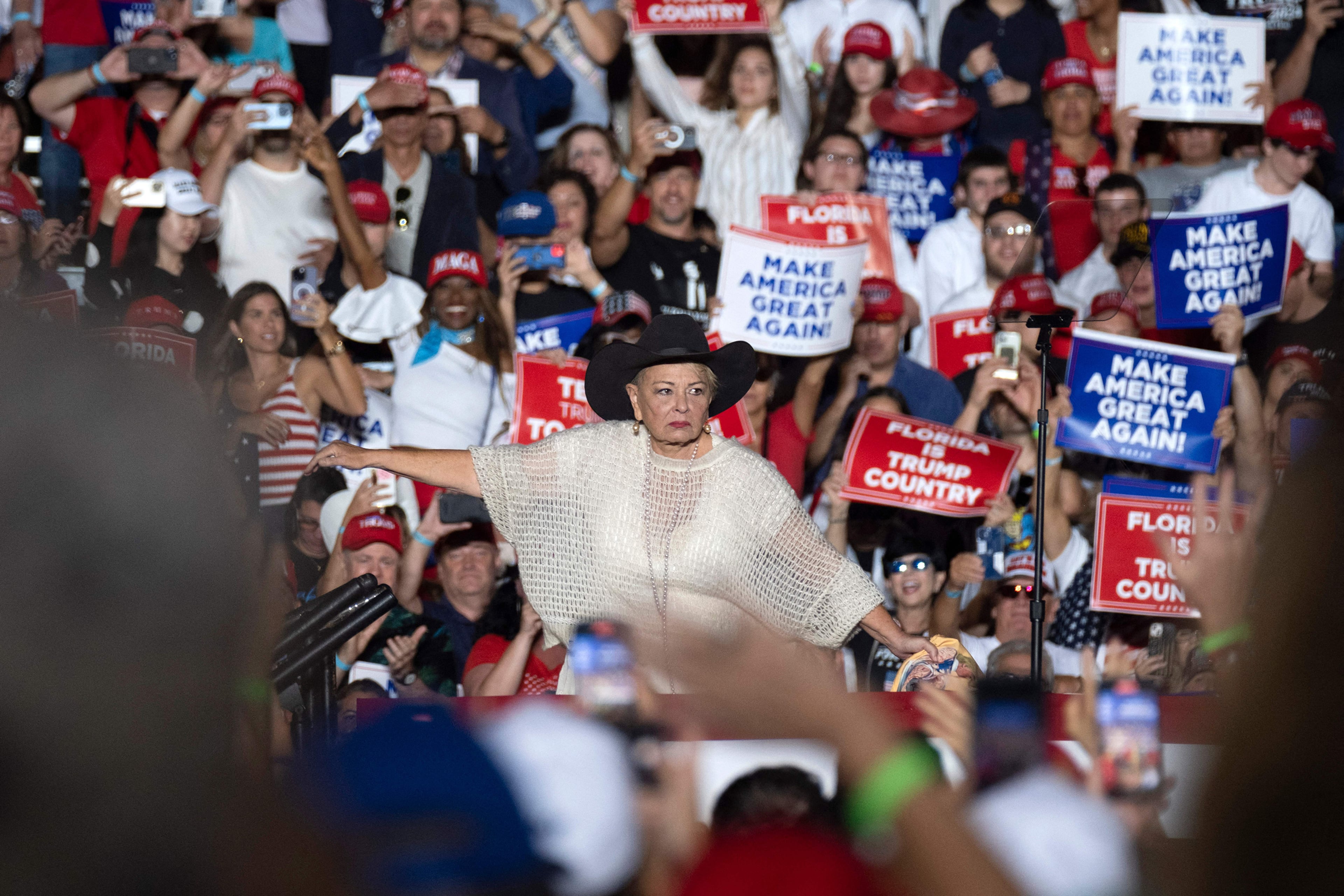 The actress was an outspoken advocate of Trump during his first term of presidency, and has continued her support into this election cycle. In November, Barr made an appearance at a Trump ralley in Hialeah, Florida, pictured here, referring to the former president as a "MAGAdor." Earlier this year, the actress uploaded a video of Trump autographing a gun for her on X.
(Ricardo Arduengo/AFP/Getty Images/TNS)
