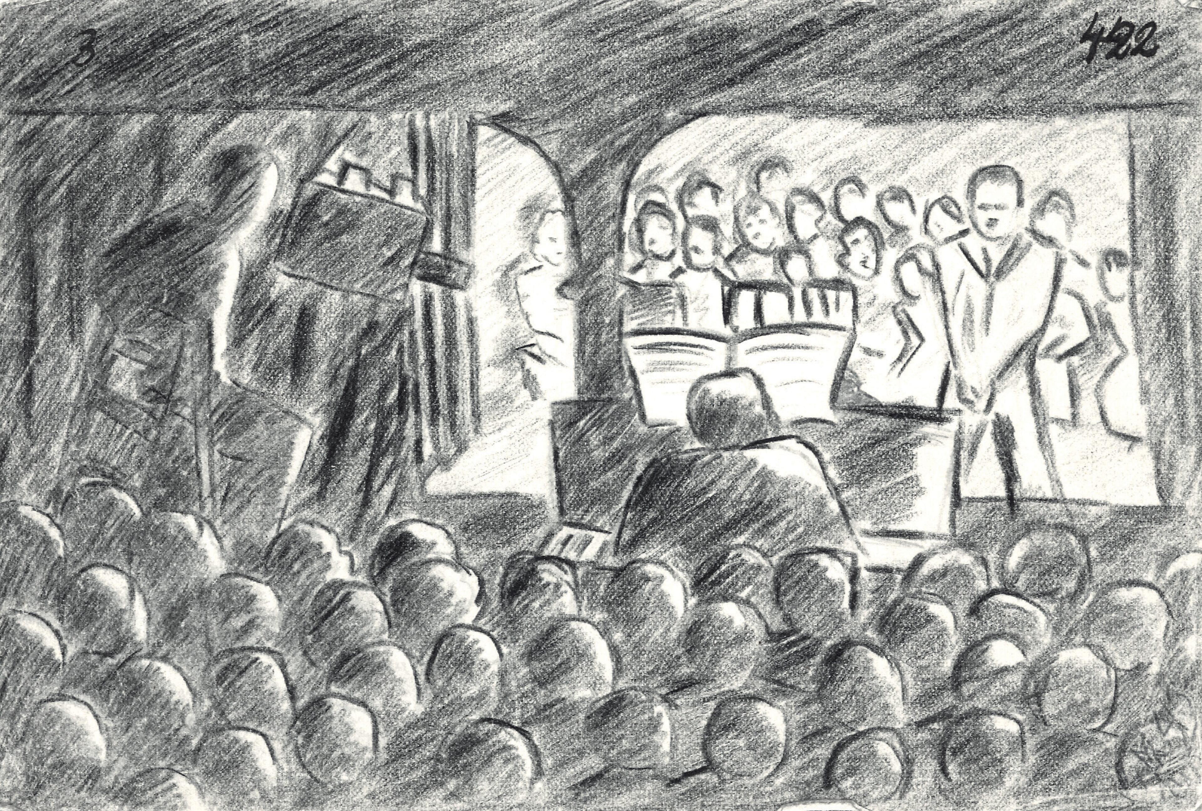 Another of Weissova-Hoskova's works, "Opera in the Loft." Despite the inhumane conditions, cultural life thrived in Terezin. Concerts, lectures and theatrical performances took place in lofts and courtyards. There were many artists and scholars imprisoned in Terezin. There also were thousands of children there.