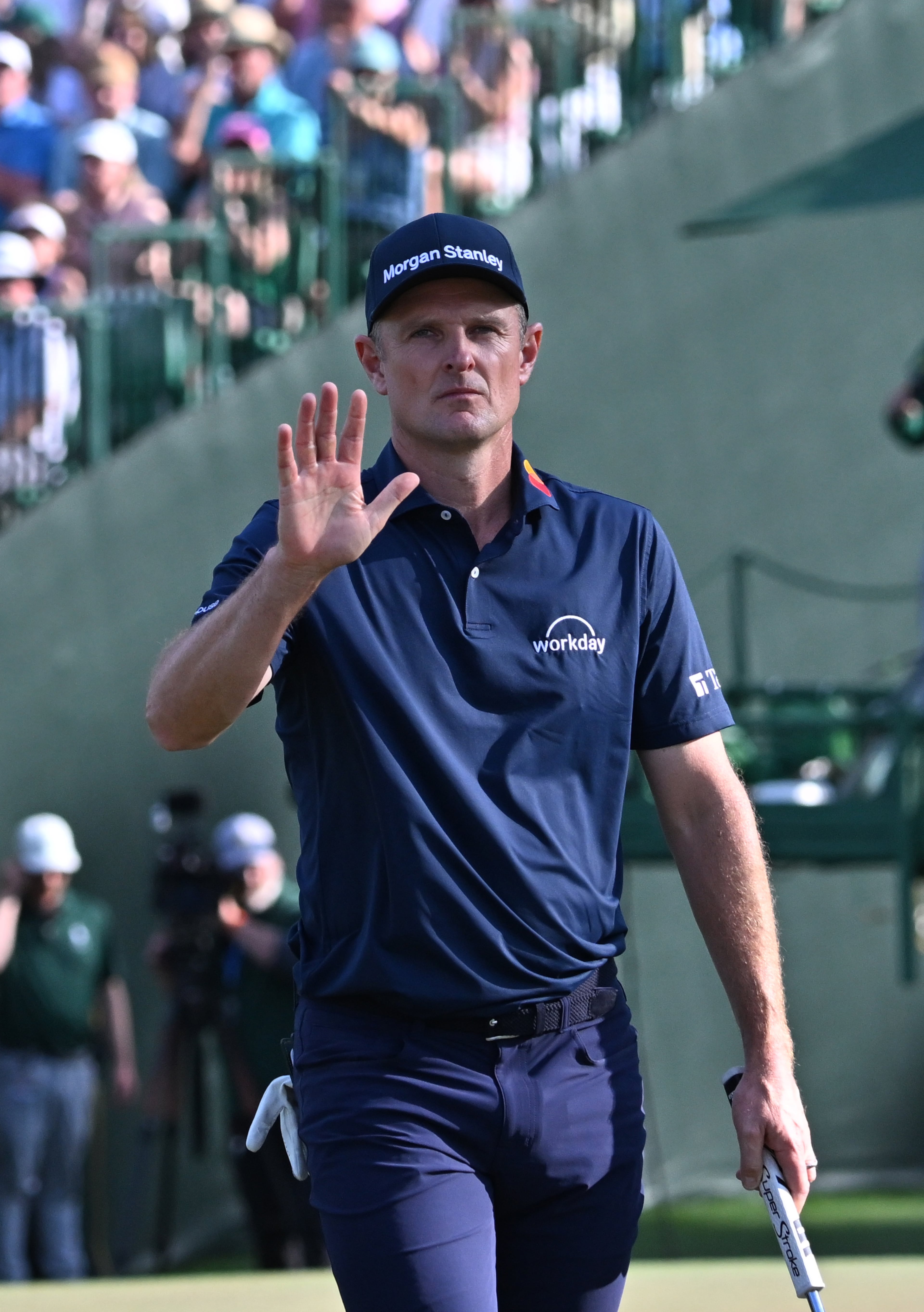 Justin Rose reacts to putt on 15th hole during final round of the Masters, at Augusta National Golf Club, Sunday, April 12, 2026, in Augusta, GA (Hyosub Shin/AJC)