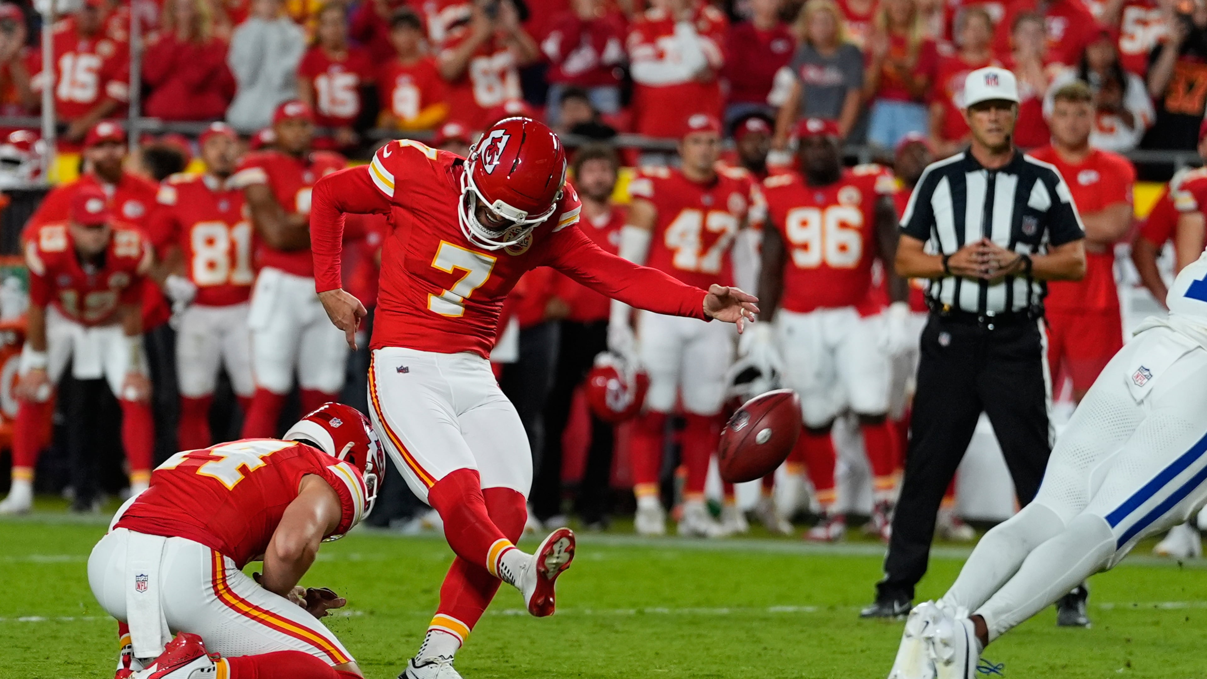 Kansas City Chiefs place kicker Harrison Butker makes a field goal to defeat the Indianapolis Colts in overtime of an NFL football game Sunday, Sept. 20, 2026, in Kansas City, Mo. (AP Photo/Charlie Riedel)