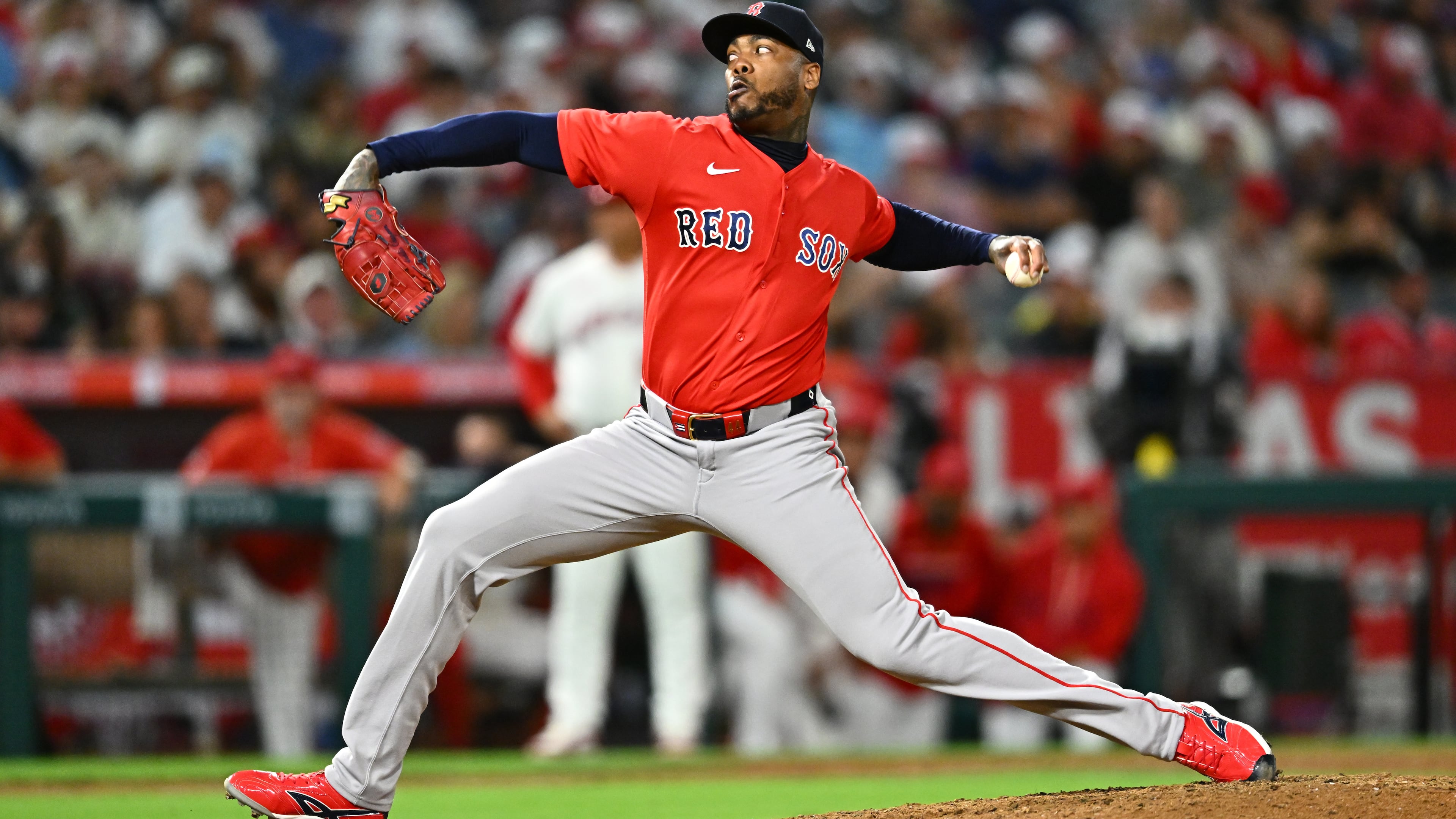 Boston Red Sox pitcher Aroldis Chapman delivers during the ninth inning of a baseball game against the Los Angeles Angels, Friday, July 3, 2026, in Anaheim, Calif. (AP Photo/William Liang)