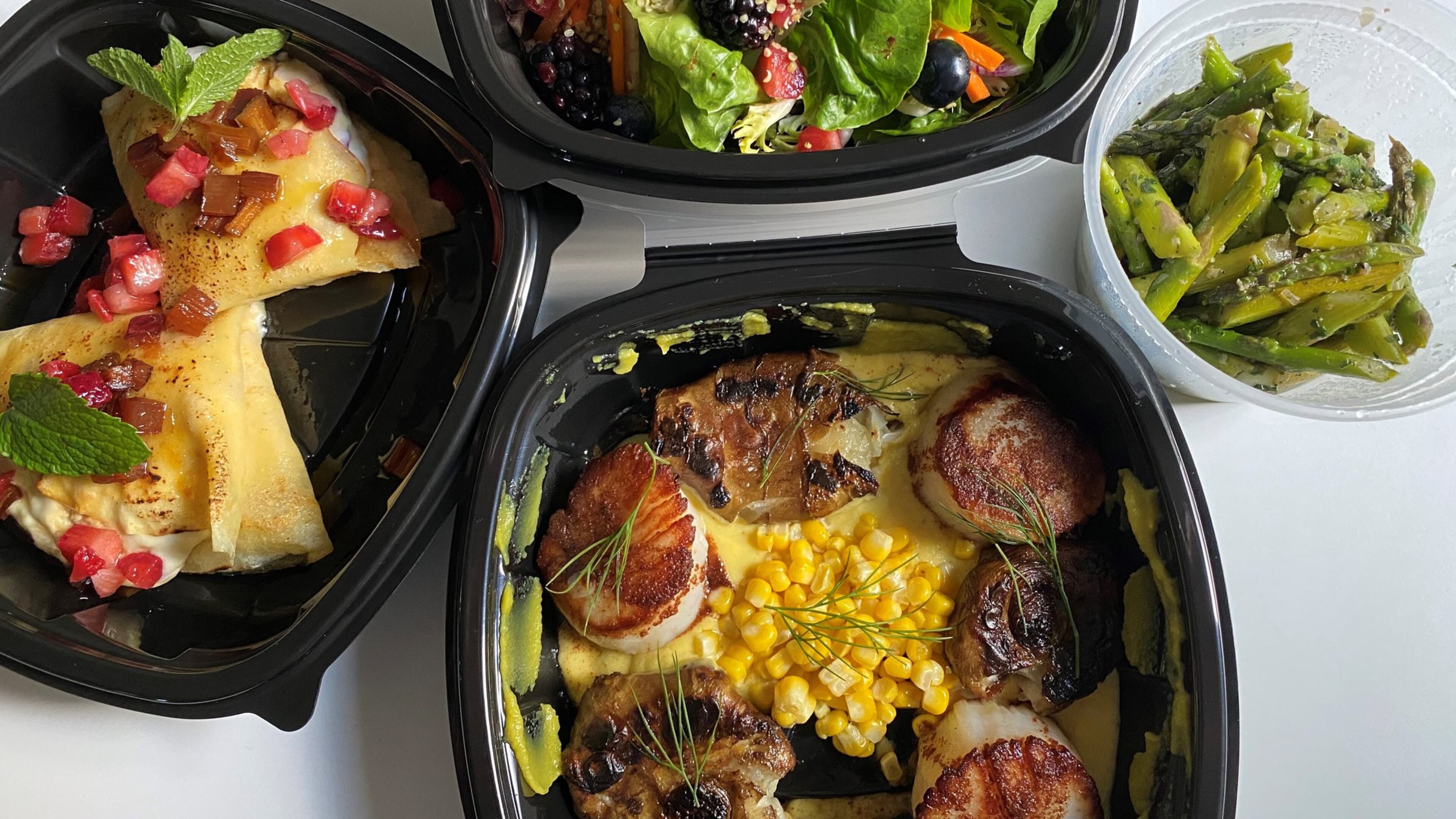 A recent takeout menu at the Alden included a summer salad, sea scallops a la plancha and strawberry crepes. CONTRIBUTED BY BOB TOWNSEND