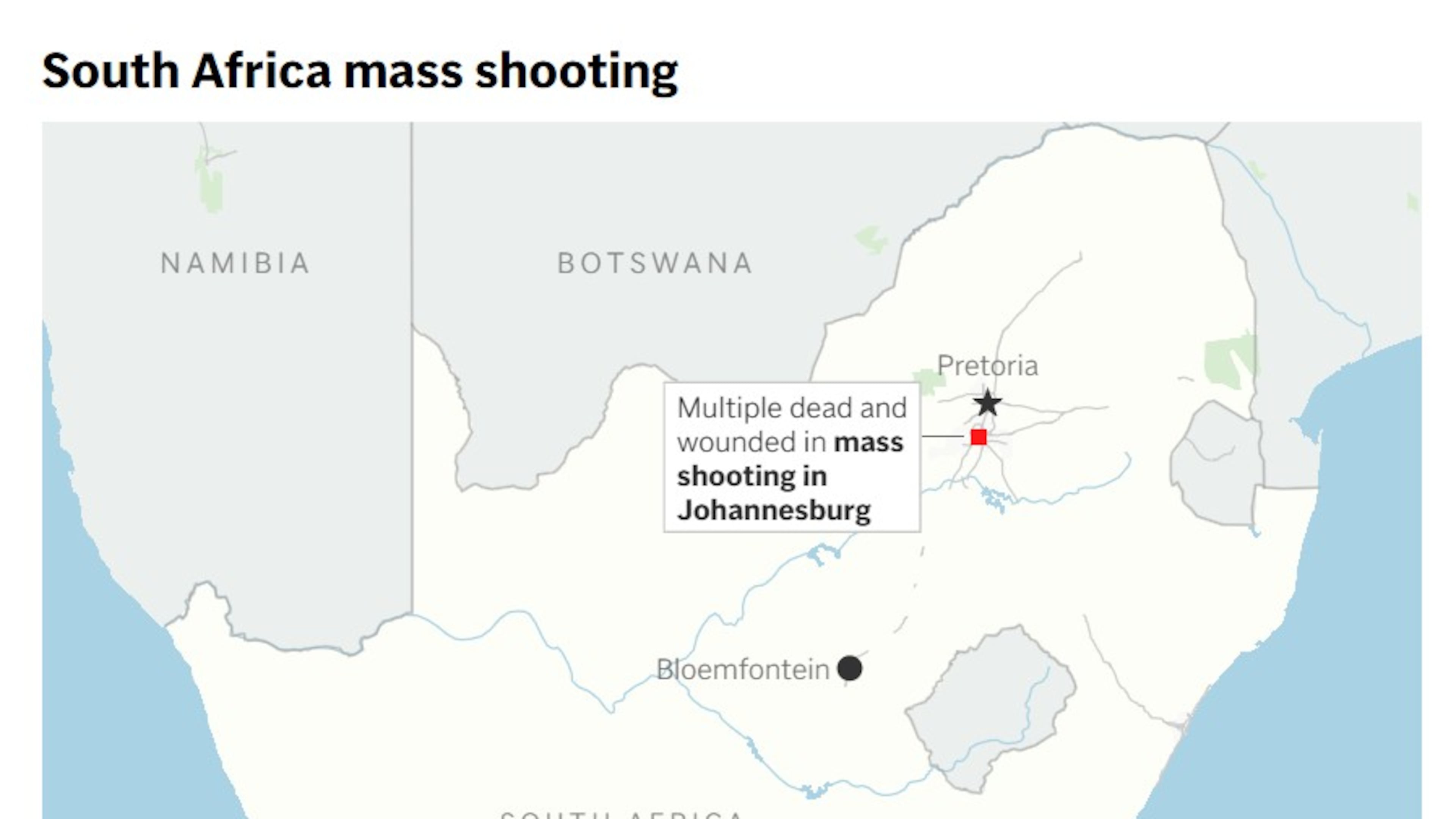 Map showing the mass shooting in Johannesburg, South Africa . (AP Digital Embed)