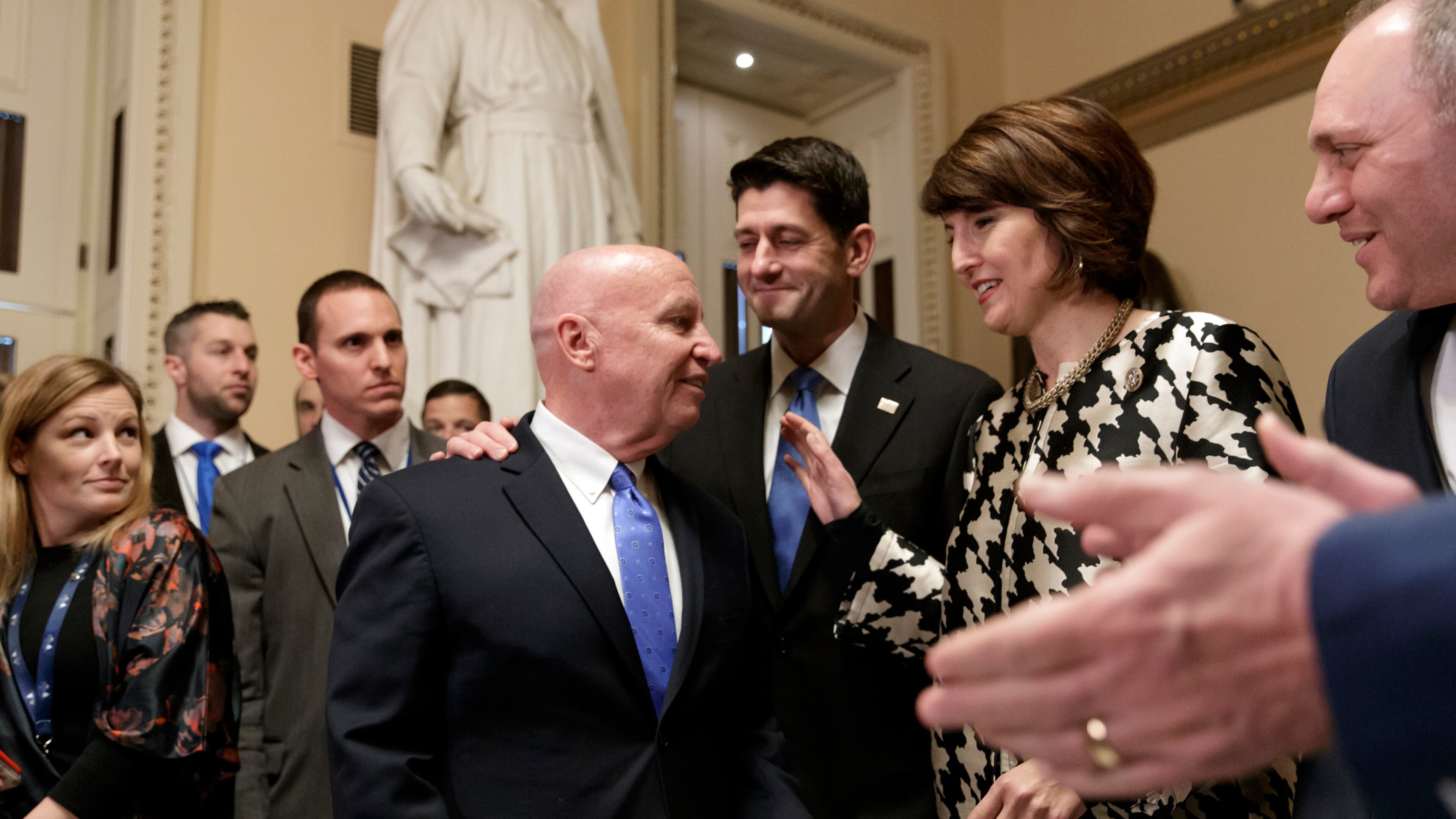 From left, House Ways and Means Committee Chairman Kevin Brady, R-Texas, Speaker of the House Paul Ryan, R-Wis., Rep. Cathy McMorris Rodgers, R-Wash., chair of the Republican Conference, and House Majority Whip Steve Scalise, R-La., arrive to speak after the House passed the GOP tax reform bill on Dec. 19, 2017. (AP Photo/J. Scott Applewhite)