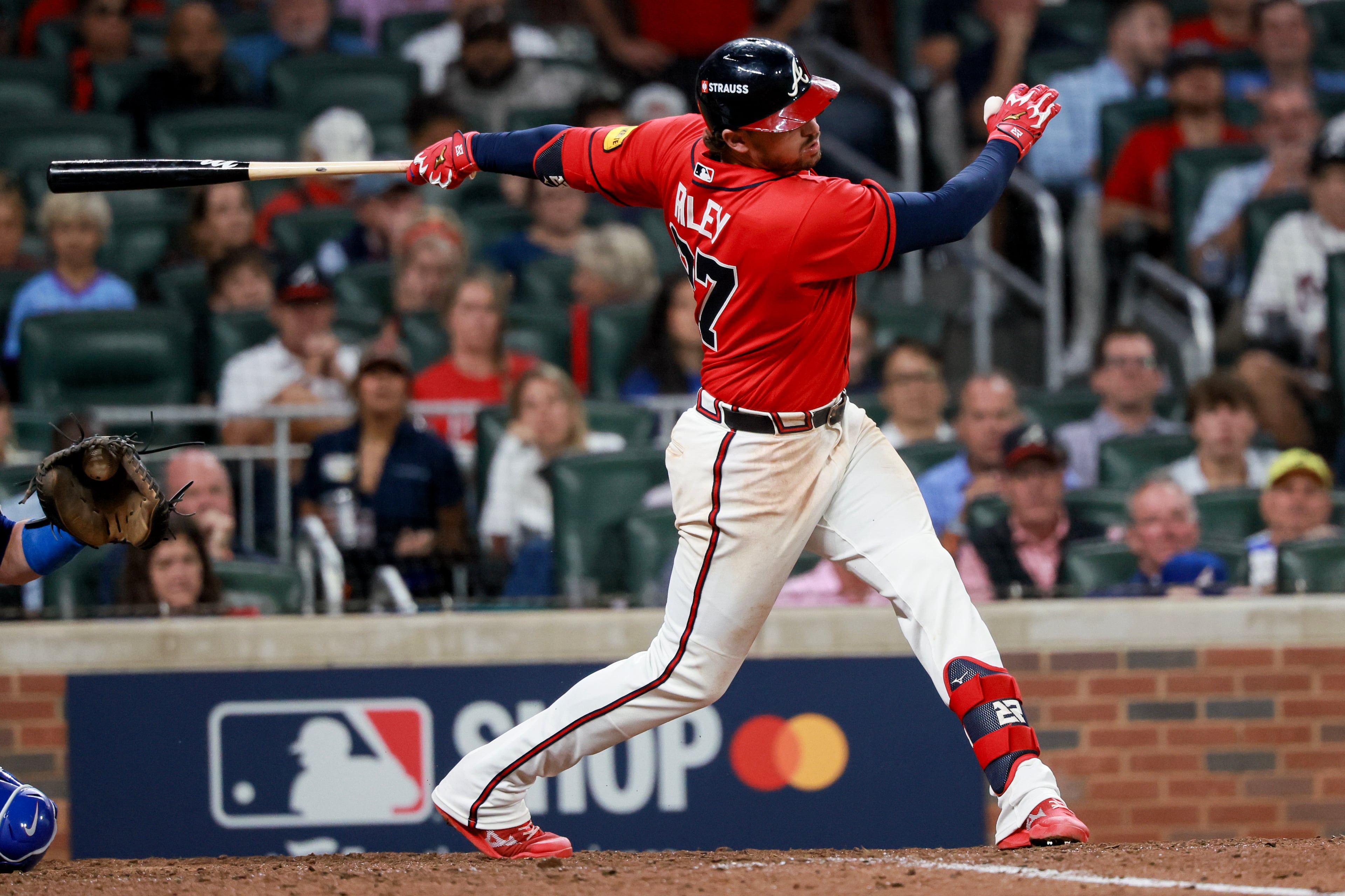 Atlanta Braves' Austin Riley (27) strikes out against the Los Angeles Dodgers during the seventh inning of Game 3 of the MLB National League Division Series between the Atlanta Braves and the Los Angeles Dodgers, Tuesday, Oct. 6, 2026, in Atlanta. (Jason Getz/AJC)