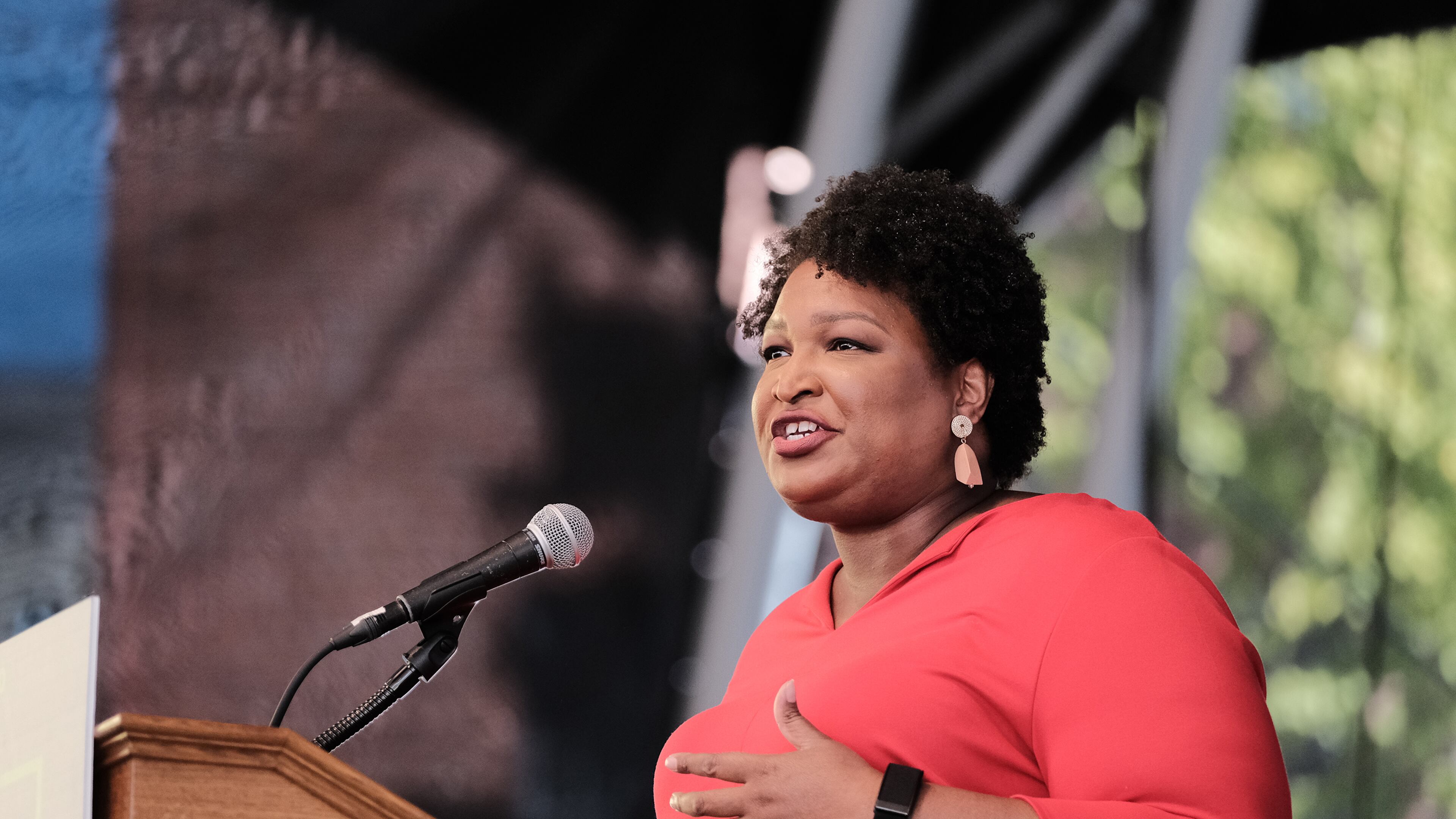 Stacey Abrams speaks during a get-out-the-vote rally for Democratic gubernatorial candidate, former Virginia Gov. Terry McAuliffe at Ting Pavilion on Oct. 24, 2021, in Charlottesville, Virginia. (Eze Amos/Getty Images/TNS)