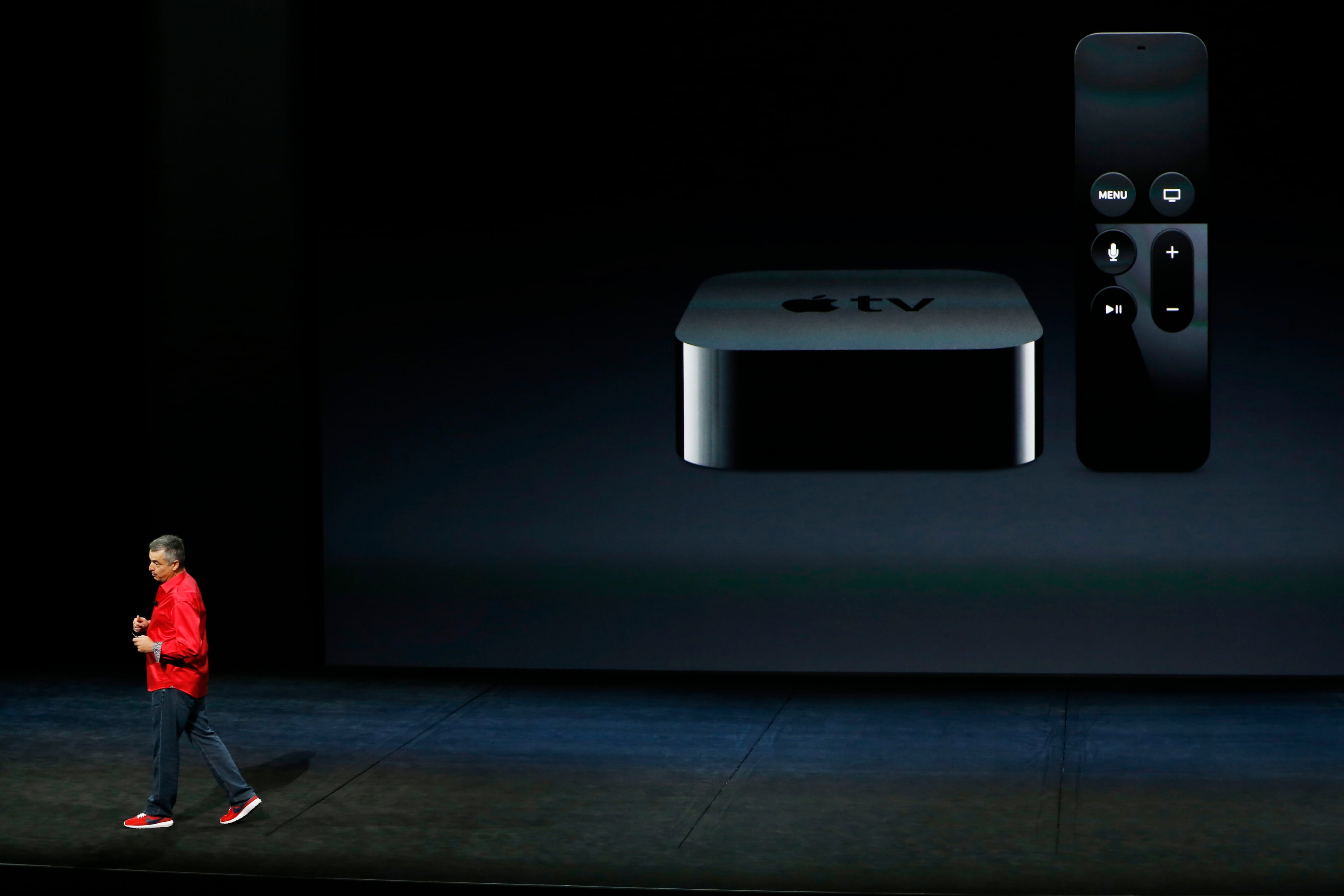 SAN FRANCISCO, CA - SEPTEMBER 9: Apple Senior Vice President of Internet Software and Services Eddy Cue speaks about the new Apple tv on stage during a Special Event at Bill Graham Civic Auditorium September 9, 2015 in San Francisco, California. Apple Inc. is expected to unveil latest iterations of its smart phone, forecasted to be the 6S and 6S Plus. The tech giant is also rumored to be planning to announce an update to its Apple TV set-top box. (Photo by Stephen Lam/ Getty Images)