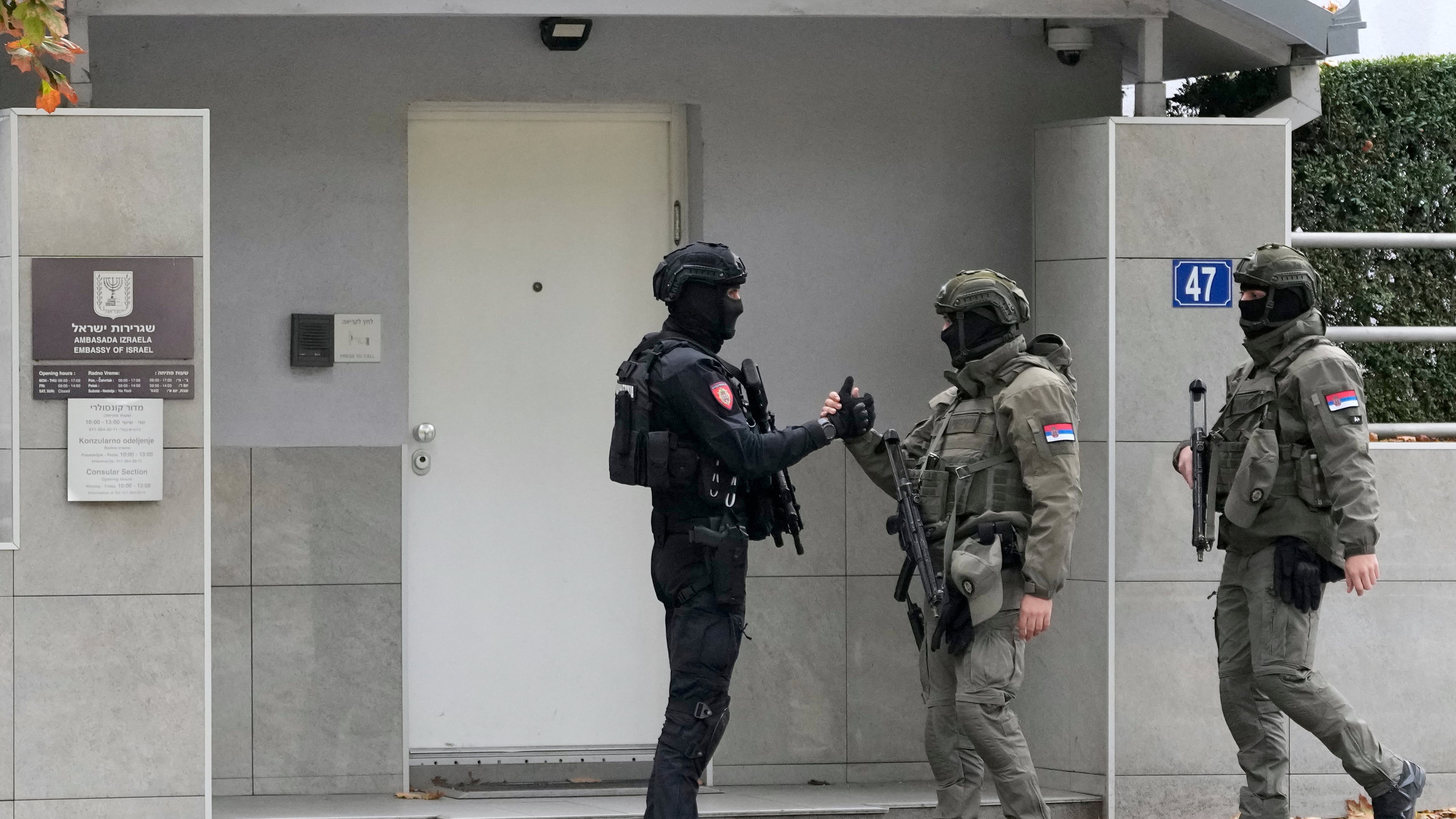 Serbian gendarmes guard the Israeli Embassy after an unidentified assailant attacked a guard with knives in Belgrade, Serbia, Wednesday, Oct. 28, 2026. (AP Photo/Darko Vojinovic)