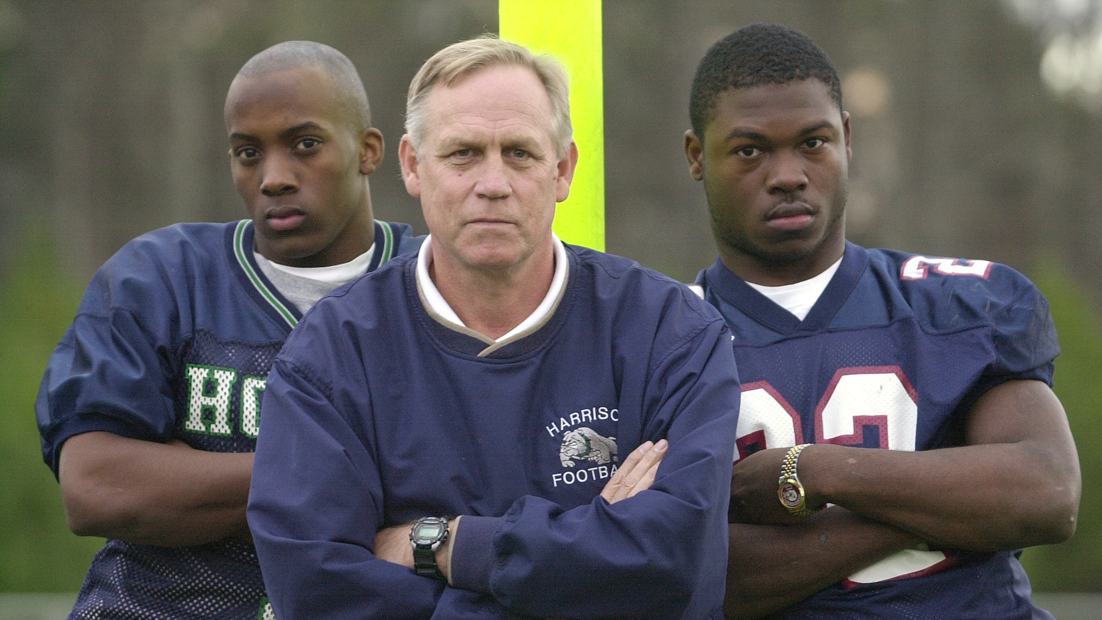 011219 KENNESAW, GA. (NORTH COBB): In this Wednesday 12/19/01 photo we see, left to right, Harrison High's Paul Oliver , Cobb's defensive player of the year, Harrison High head coach Bruce Cobleigh , Cobb's football coach of the year, and Pebblebrook's Brent Thomas, Cobb's offensive player of the year. PHOTO BY ANDY SHARP/STAFF.