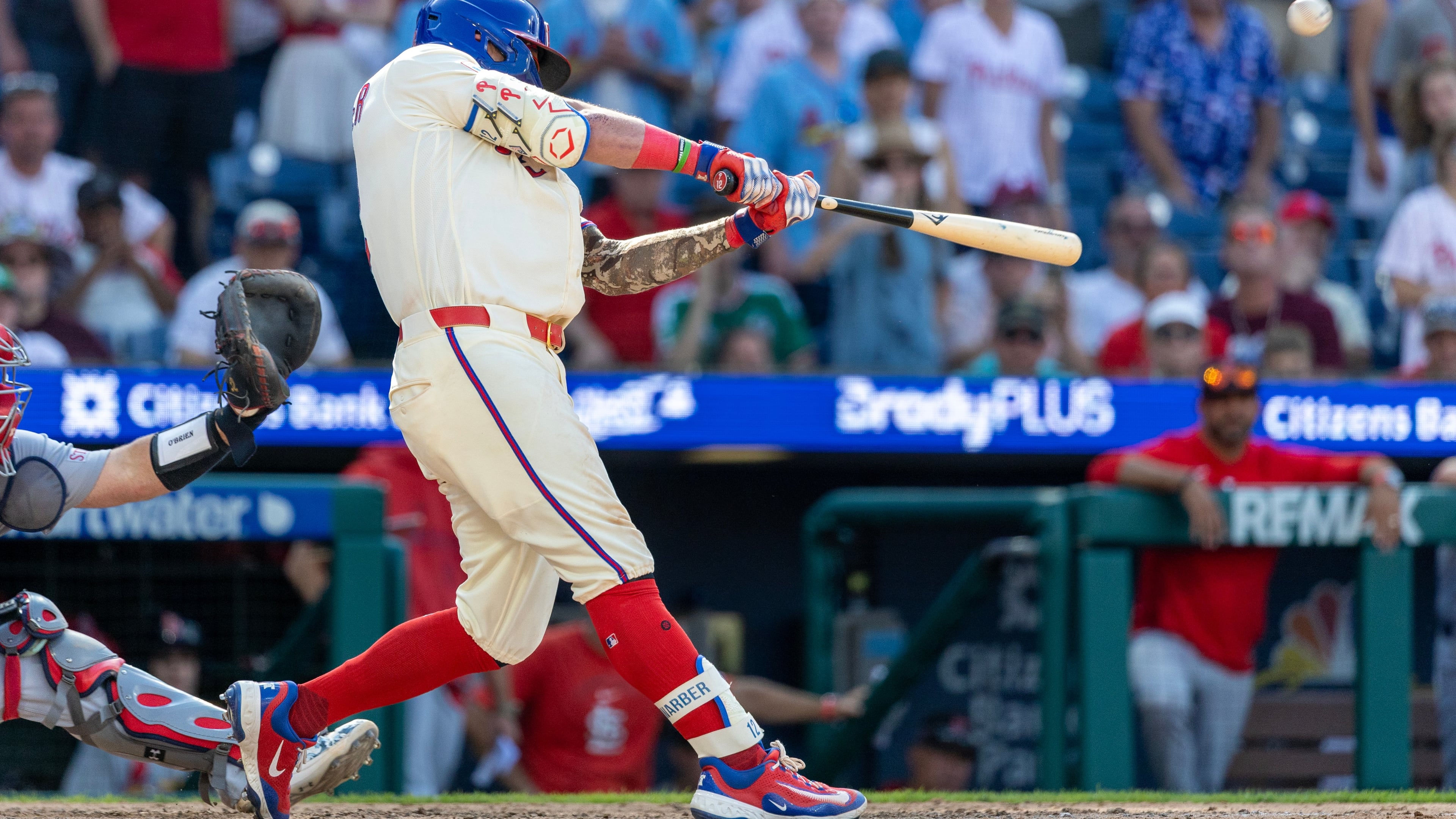 Philadelphia Phillies' Kyle Schwarber hits the winning home run in the ninth inning of a baseball game against the St. Louis Cardinals, Sunday, Aug. 23, 2026, in Philadelphia. (AP Photo/Laurence Kesterson)