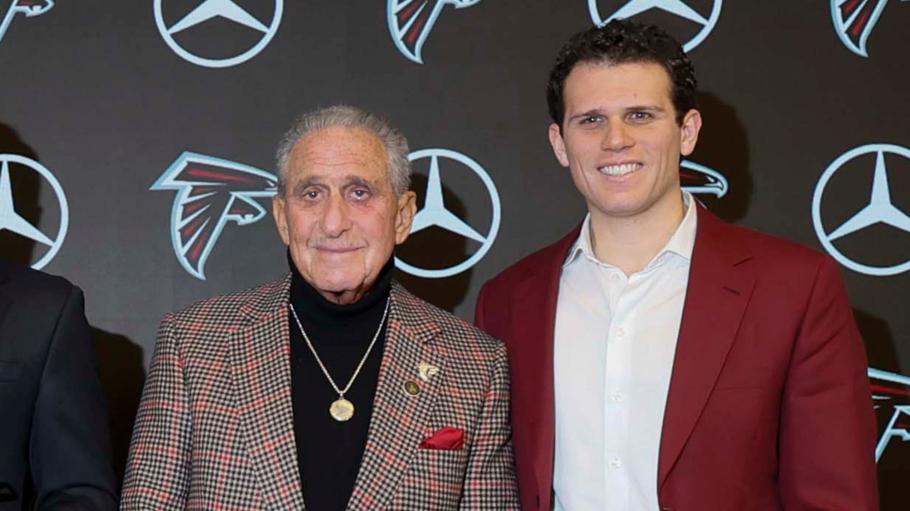 Atlanta Falcons and Atlanta United owner Arthur Blank (left) and his son, AMB Sports and Entertainment Vice President of Executive Strategy Josh Blank, attend a news conference at Mercedes-Benz Stadium on Tuesday, Jan. 27, 2026. The elder Blank was an active fan of Josh's soccer career through the youth, high school and college ranks. (Miguel Martinez/AJC)