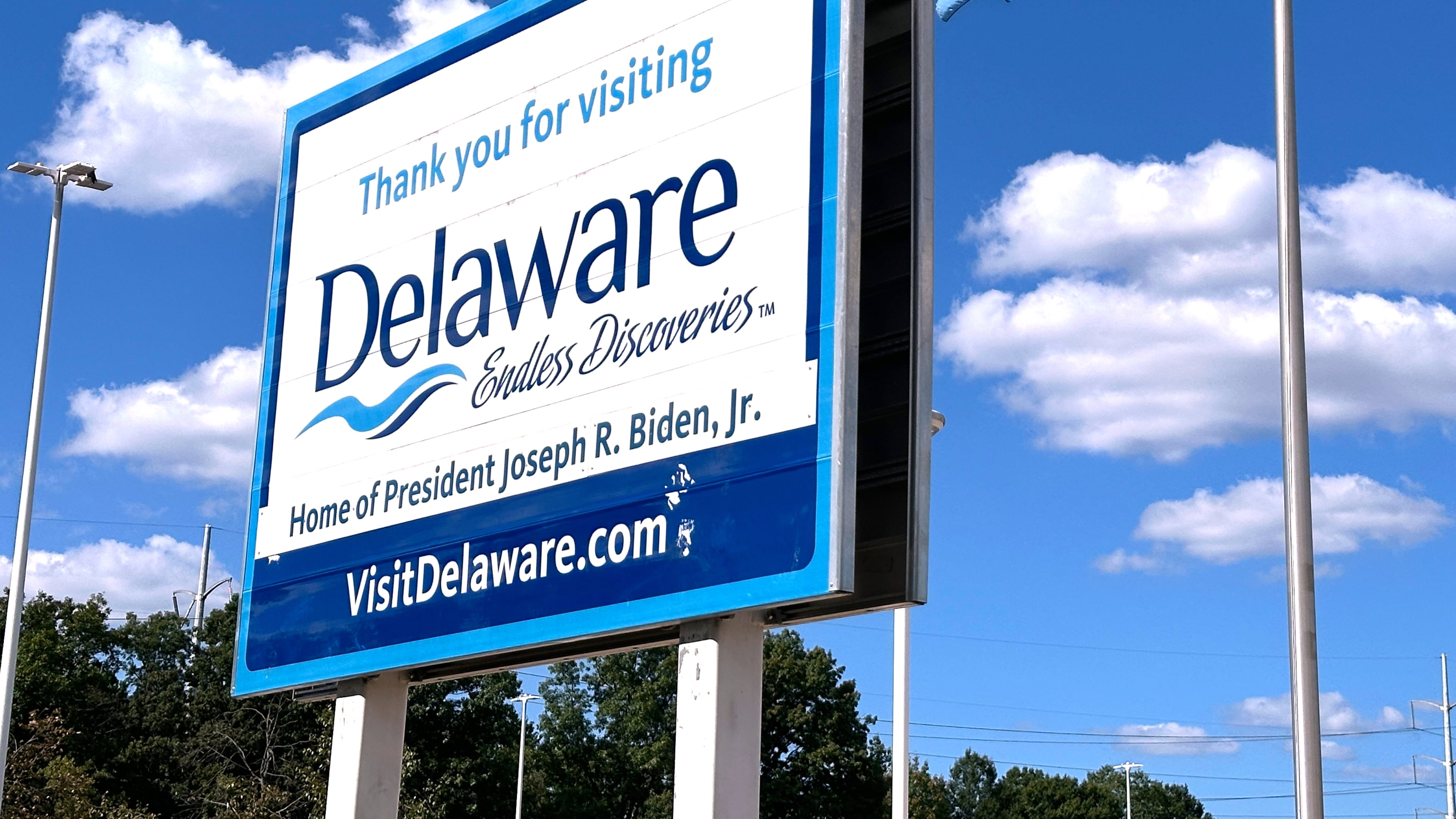 A sign greets visitors at the Biden Welcome Center in Newark, Del., Monday, Sept. 7, 2026. (AP Photo/Robert Yoon)