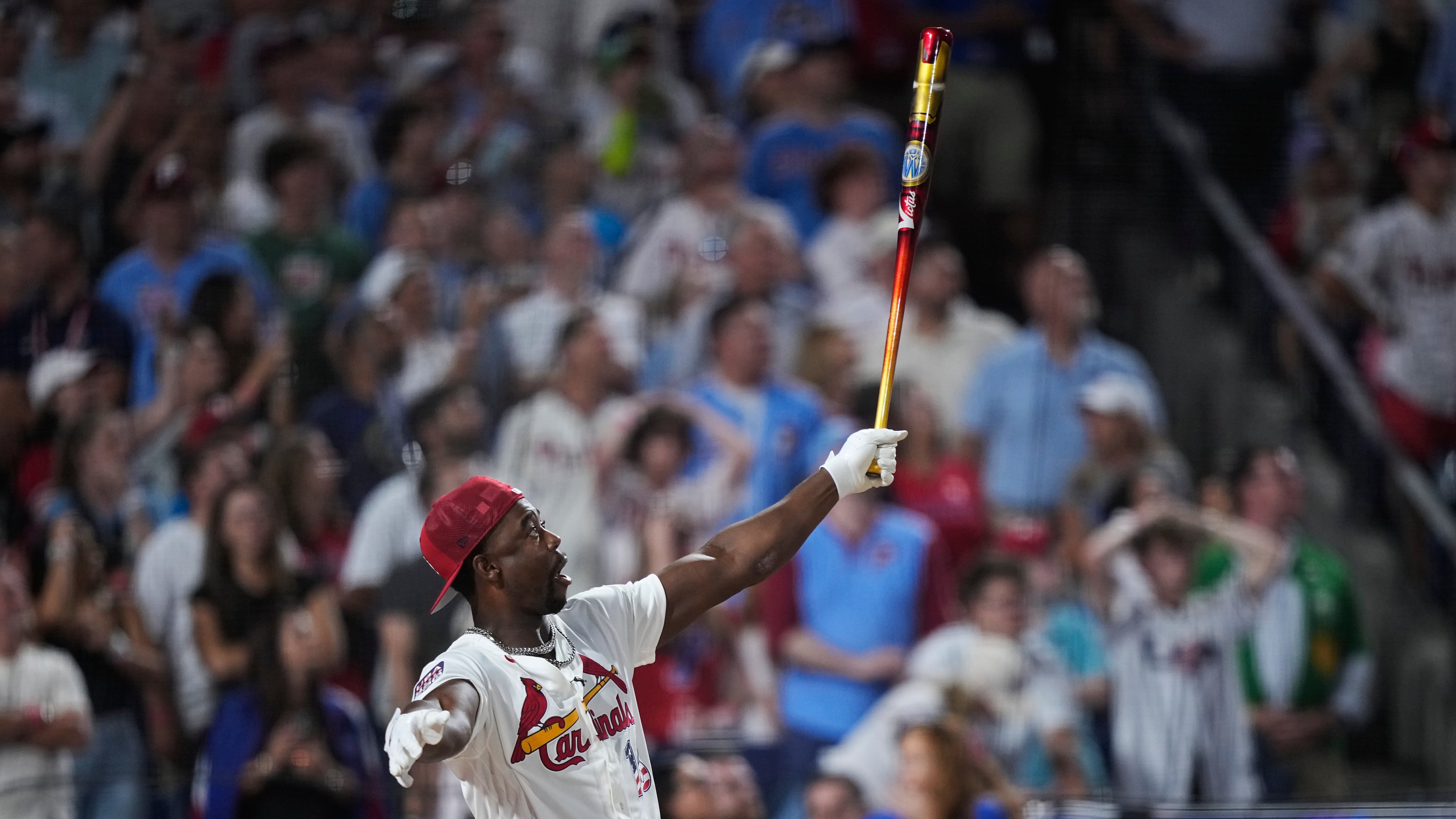 St. Louis Cardinals' Jordan Walker reacts during the MLB baseball All-Star Home Run Derby, Monday, July 13, 2026, in Philadelphia. (AP Photo/Matt Slocum)