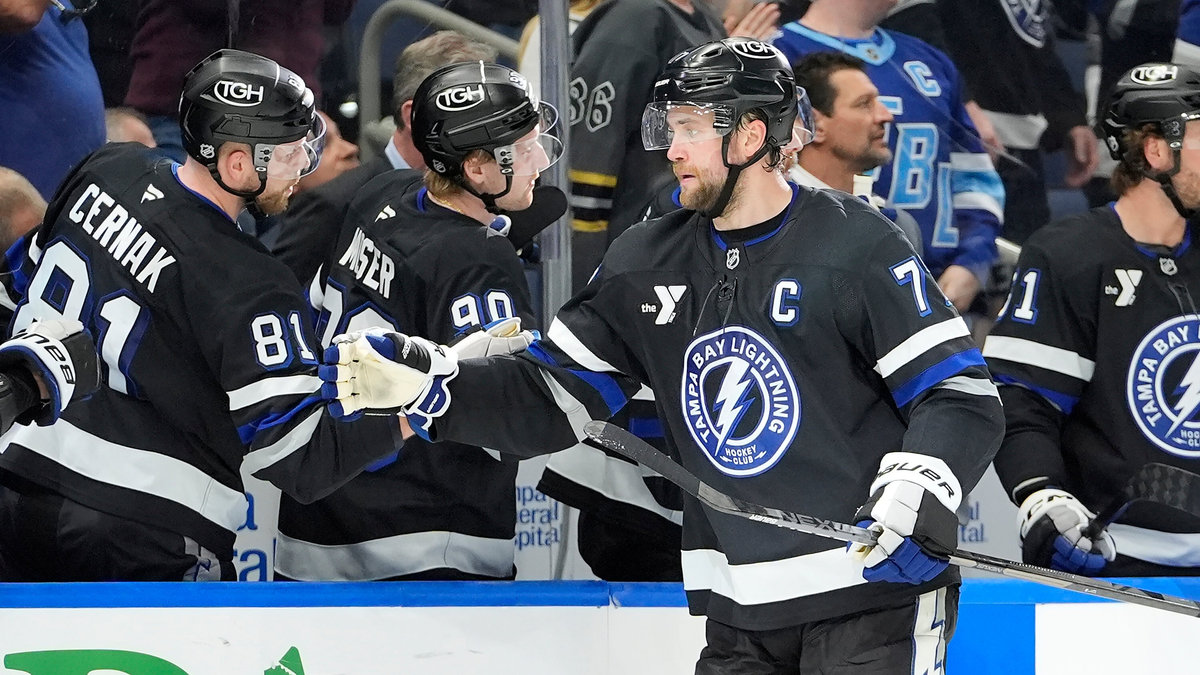 FILE - Tampa Bay Lightning defenseman Victor Hedman, front, celebrates with the bench after scoring against the Buffalo Sabres during the third period of an NHL hockey game Saturday, Feb. 28, 2026, in Tampa, Fla. (AP Photo/Chris O'Meara, File)