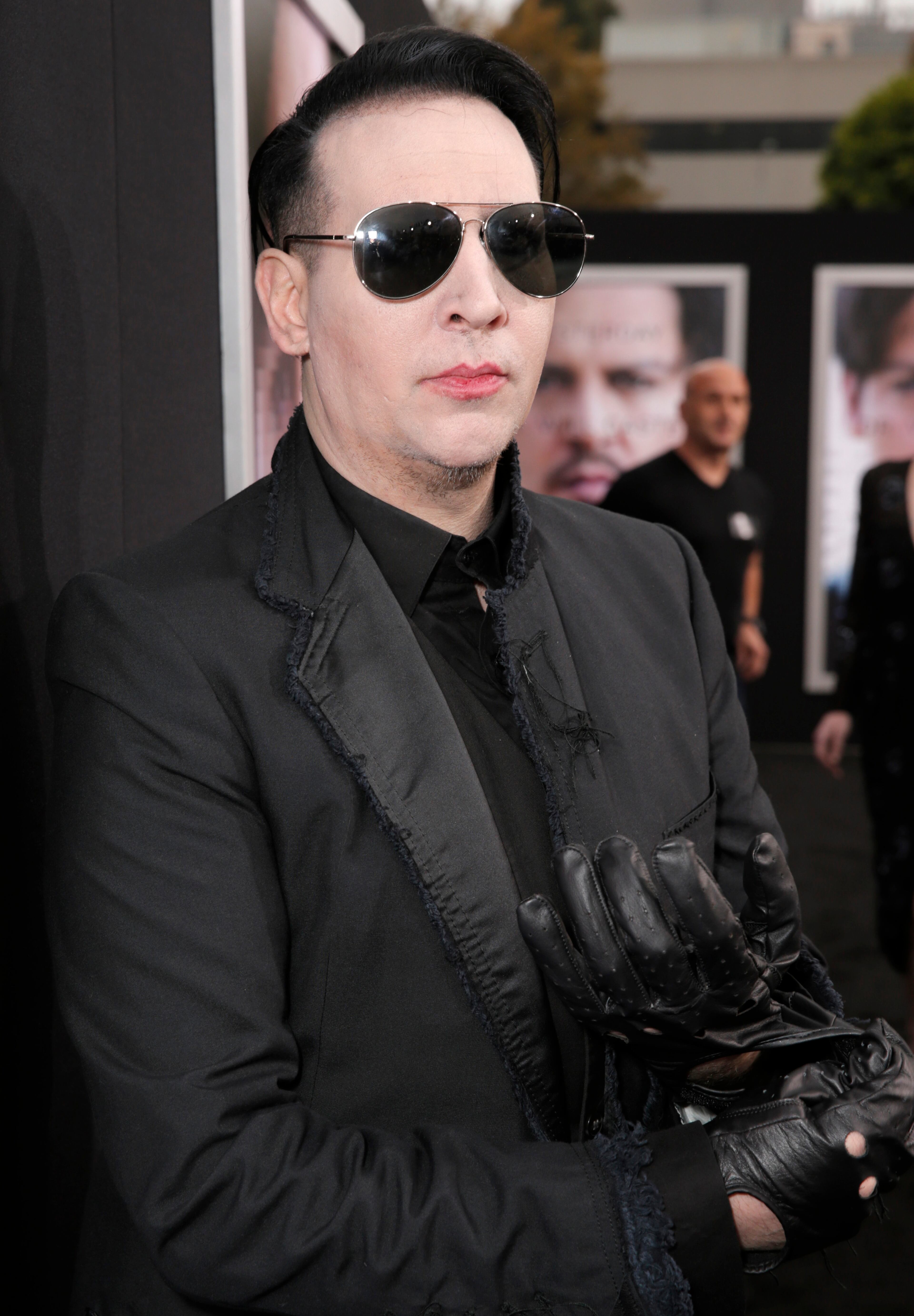 Marilyn Manson arrives at the Los Angeles premiere of "Transcendence" at the Westwood Regency Village Theater on Thursday, April 10, 2014.