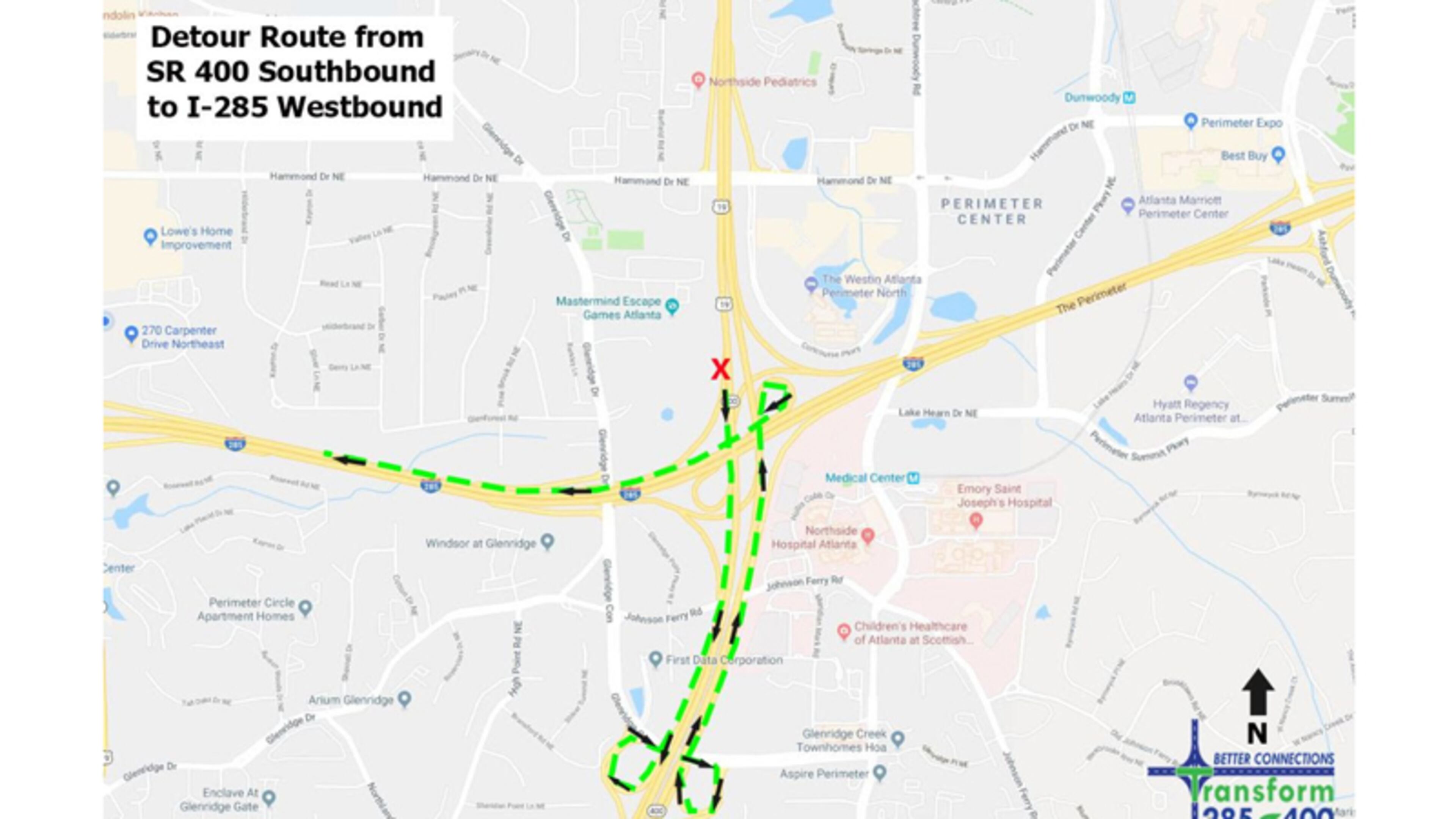 Map depicts the recommended detour when the ramp from southbound Ga. 400 to westbound I-285 is closed. GEORGIA DEPARTMENT OF TRANSPORTATION
