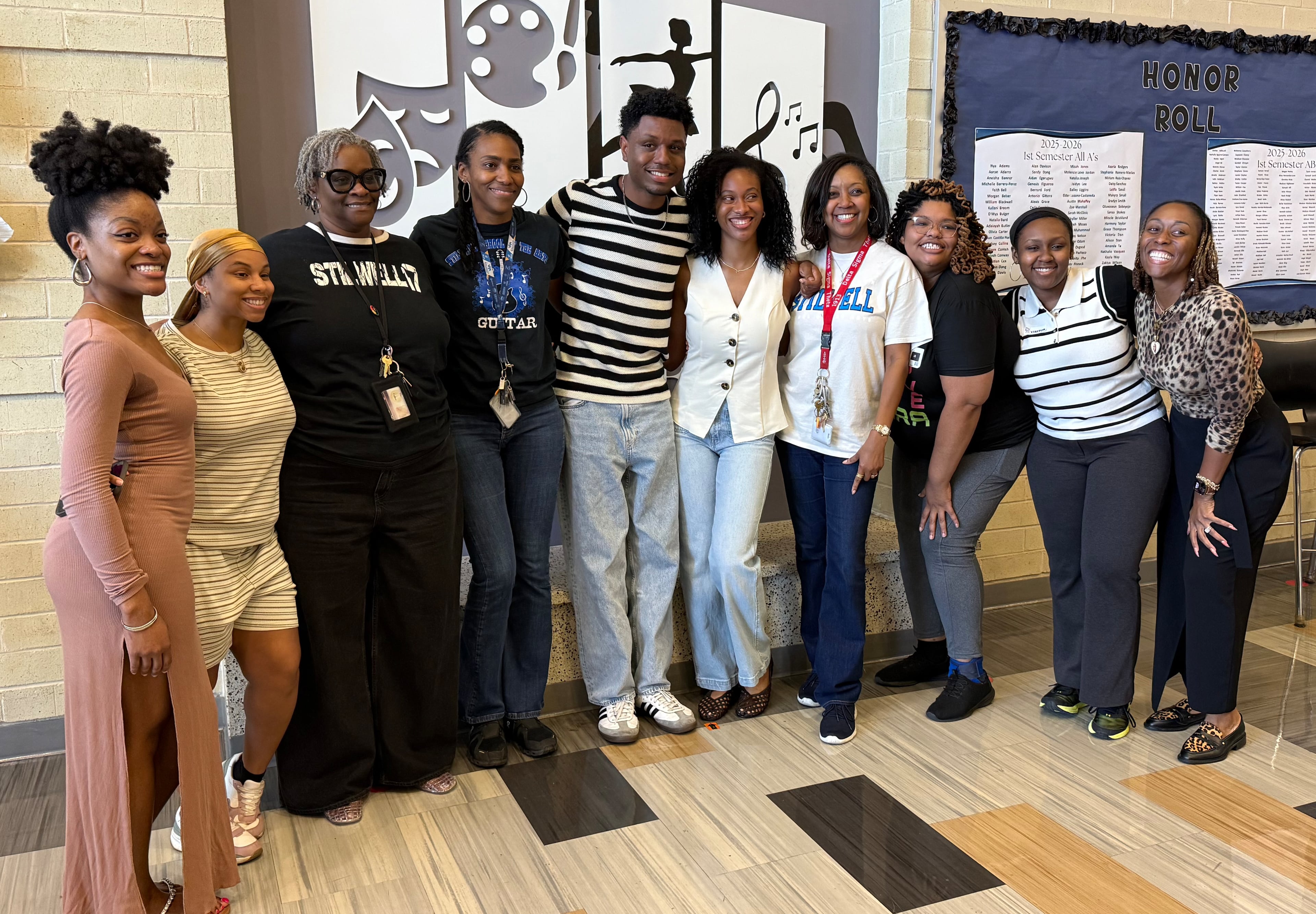Horton came back to his high school Martin Ellen Stillwell School of the Arts in Jonesboro on Monday, April 27, 2026 after "Michael" opened huge at the box office. (From left): Alums Jordan Cornelious, Amaya Jinks, Tina Conner, teacher Maisha Humphrey, Tre Horton, alum Kennedy Cleveland, teacher Shana Martina, alum Antonia Hardin, alum Courtney Flowers and assistant principal Britney Lee. (Courtesy of Britney Lee)