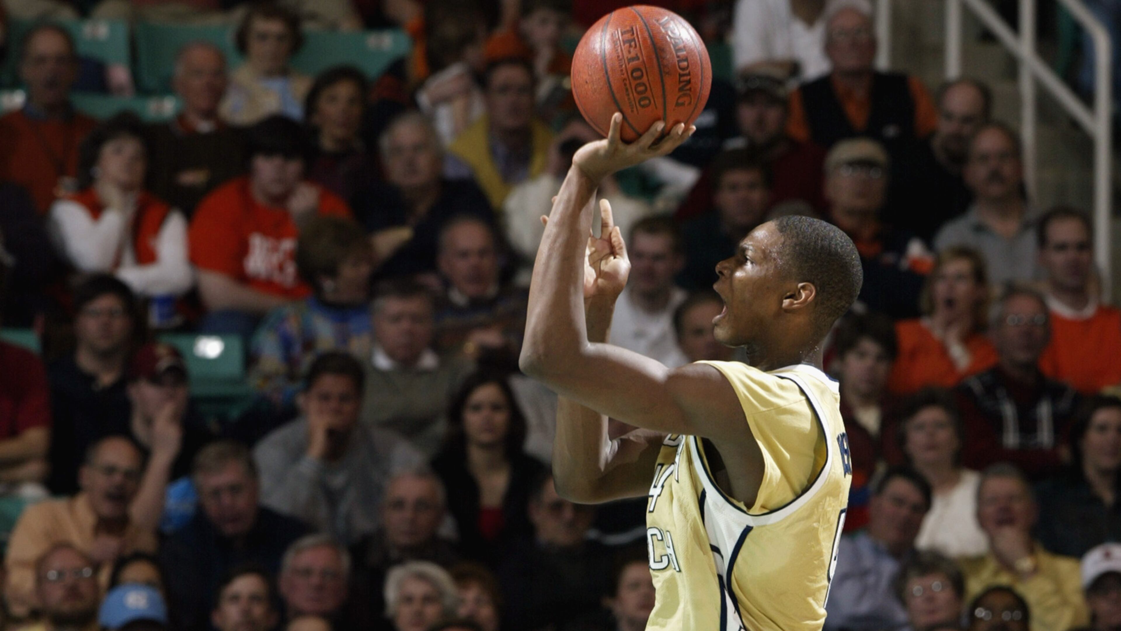 GREENSBORO, NC - MARCH 14: Chris Bosh #4 of Georgia Tech takes a shot during the quarter final game of the ACC Tournament against North Carolina State on March 14, 2003 at the Greensboro Coliseum in Greensboro, North Carolina. Georgia Tech defeated North Carolina State 71-65. (Photo by Craig Jones/Getty Images)