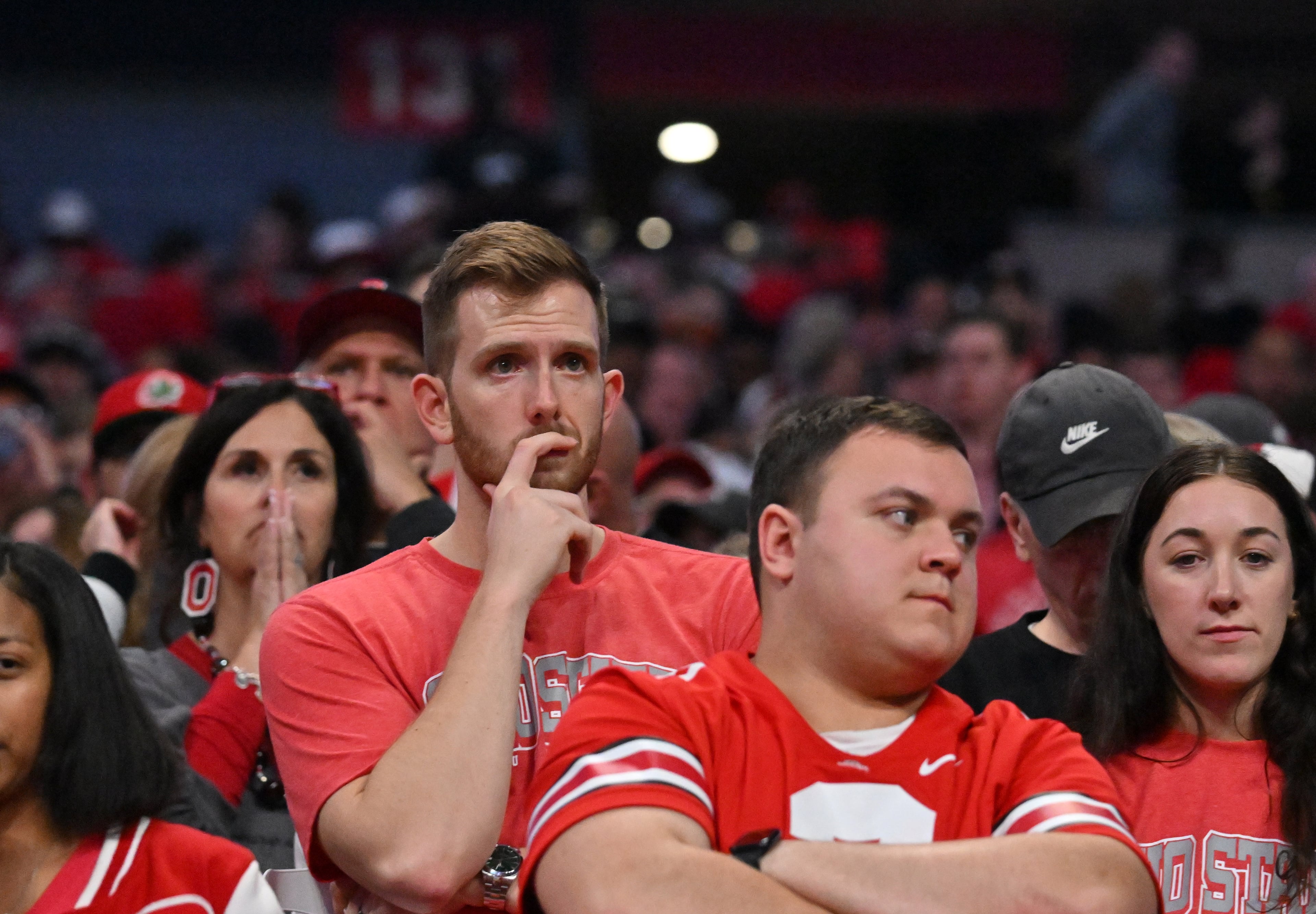 Ohio State fans react at the end of the 4th quarter in the 2022 CFP Semifinal at the Chick-fil-A Peach Bowl Saturday, Dec. 31, 2022, in Atlanta. Georgia won 42-41 over Ohio State. (Hyosub Shin / Hyosub.Shin@ajc.com)