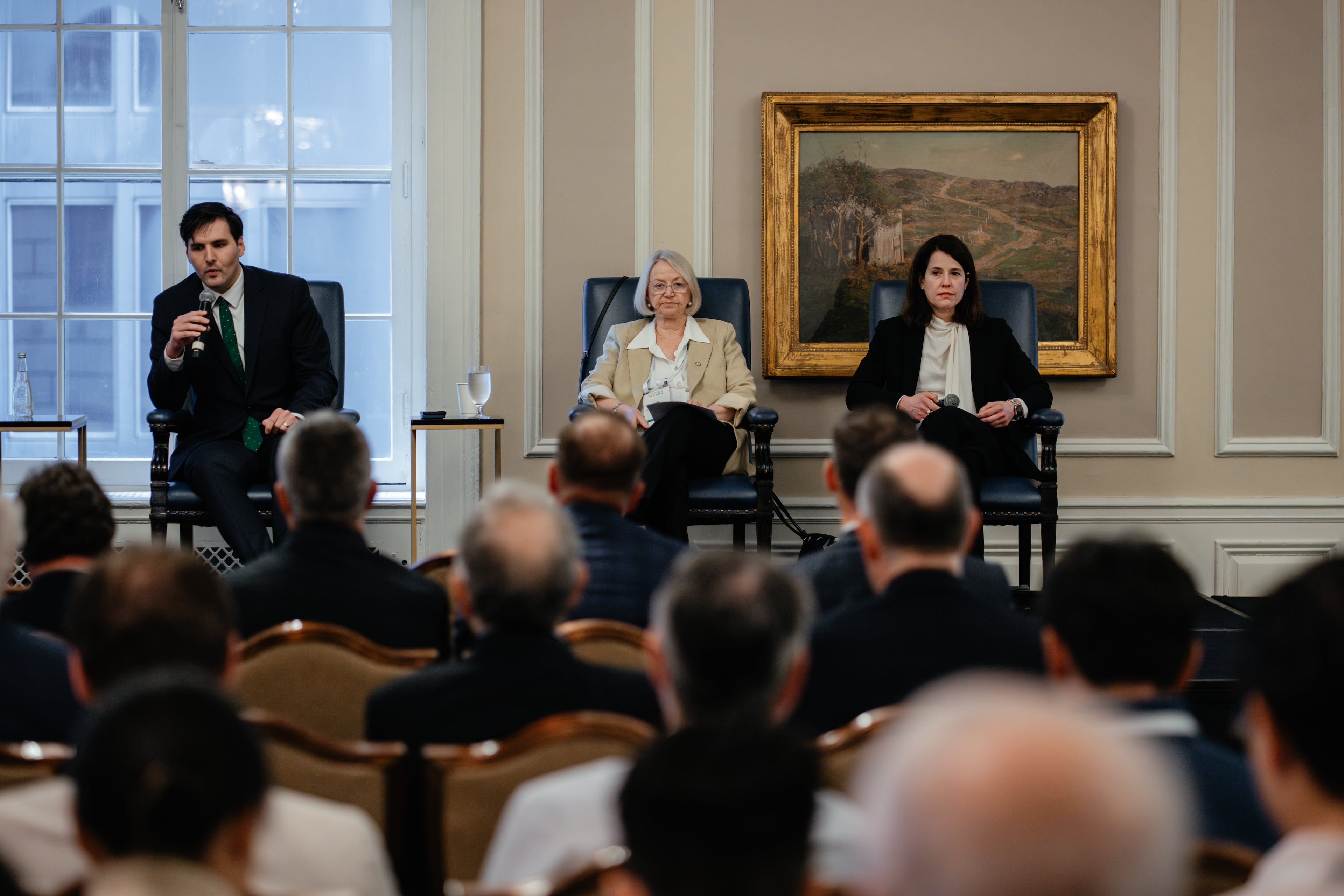 Patrick Fuchs (left), chair of the Surface Transportation Board, vice chair Michelle Schultz (right) and board member Karen J. Hedlund speak on a panel during Railway Age’s Next Generation Freight Rail conference at the Union League Club of Chicago on March 10, 2026, in Chicago. (Jamie Kelter Davis for the AJC)