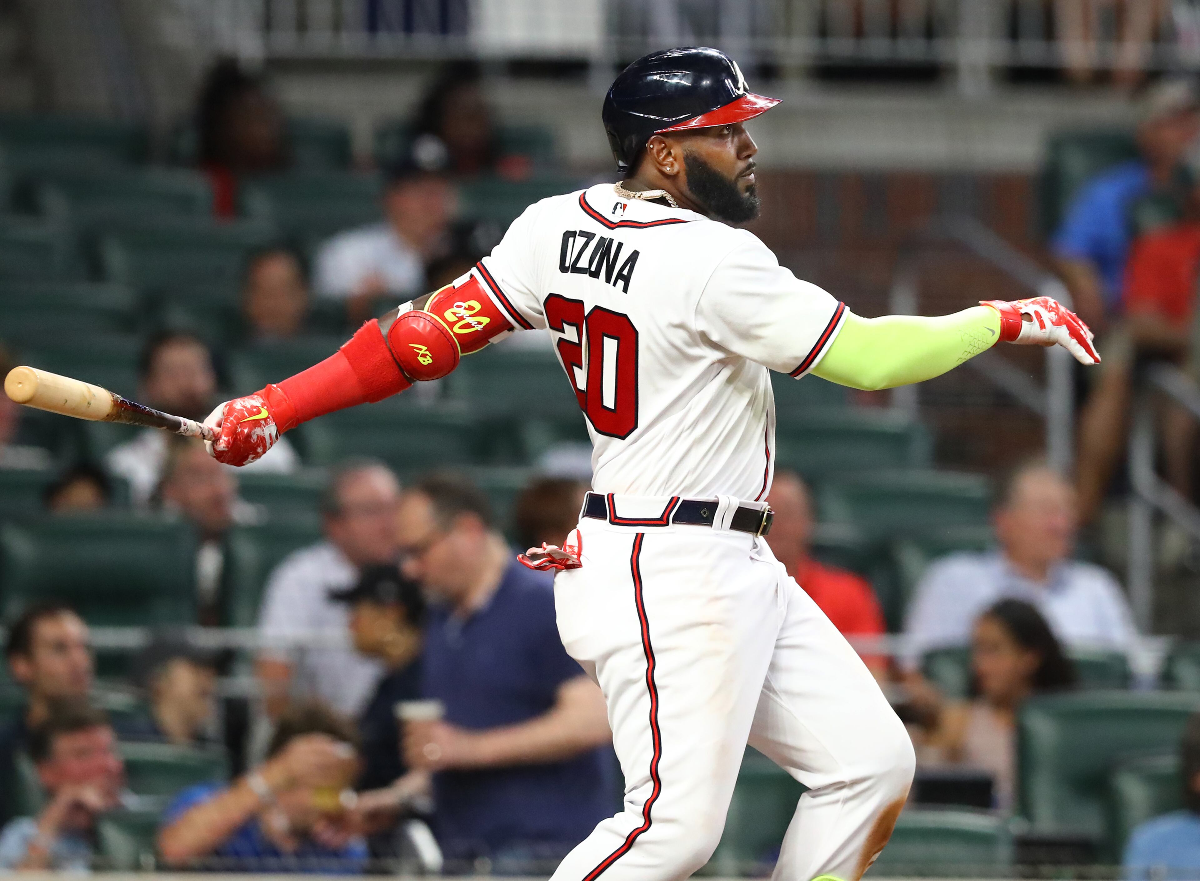Atlanta Braves designated hitter Marcell Ozuna hits a solo homer to take a 10-1 lead over the Philadelphia Phillies during the seventh inning of a MLB baseball game on Tuesday, August 2, 2022, in Atlanta. “Curtis Compton / Curtis Compton@ajc.com