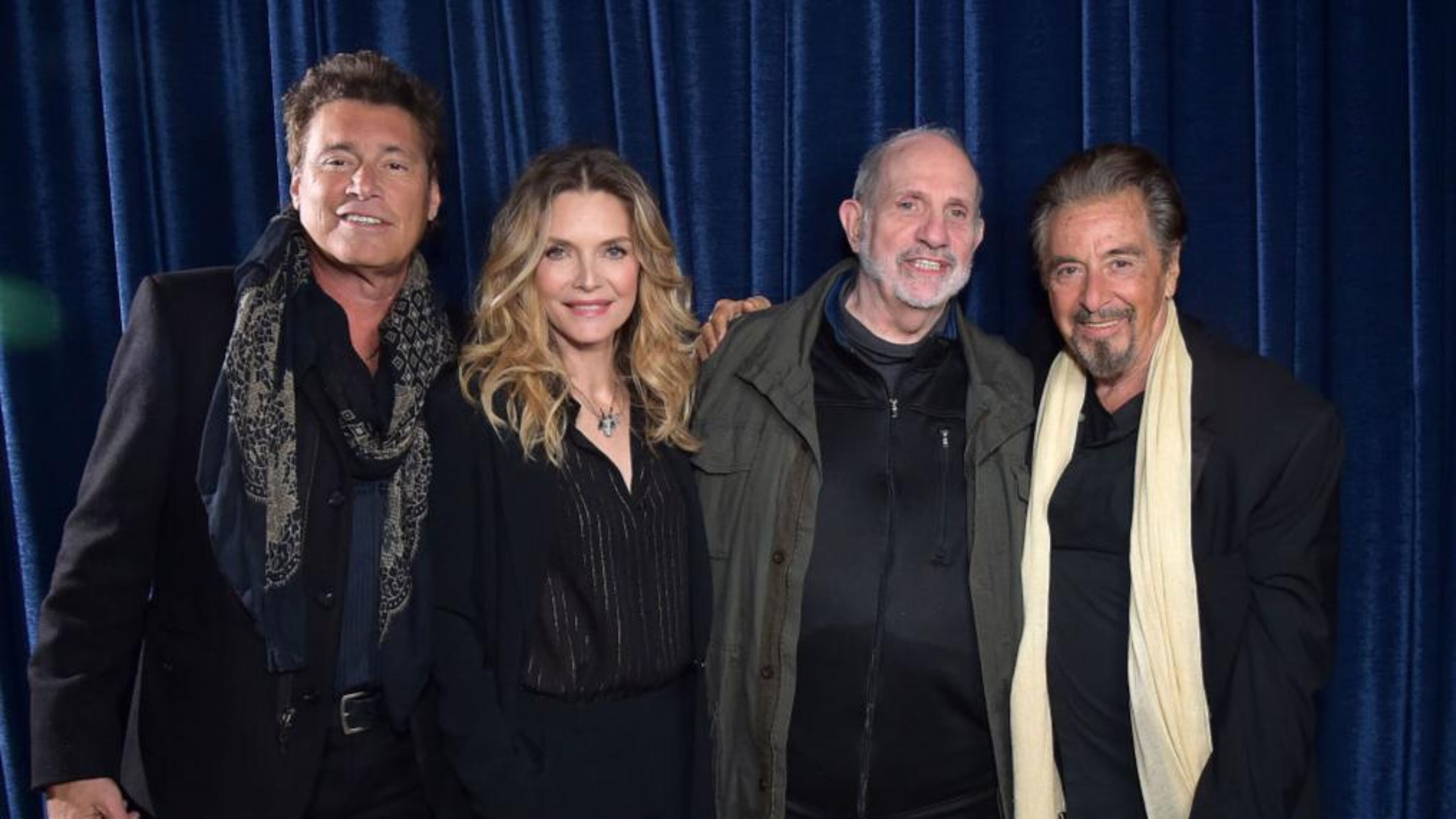 Steven Bauer, left, Michelle Pfeiffer, Brian De Palma and Al Pacino attended the "Scarface" 35th Anniversary cast reunion at the Tribeca Film Festival in New York,