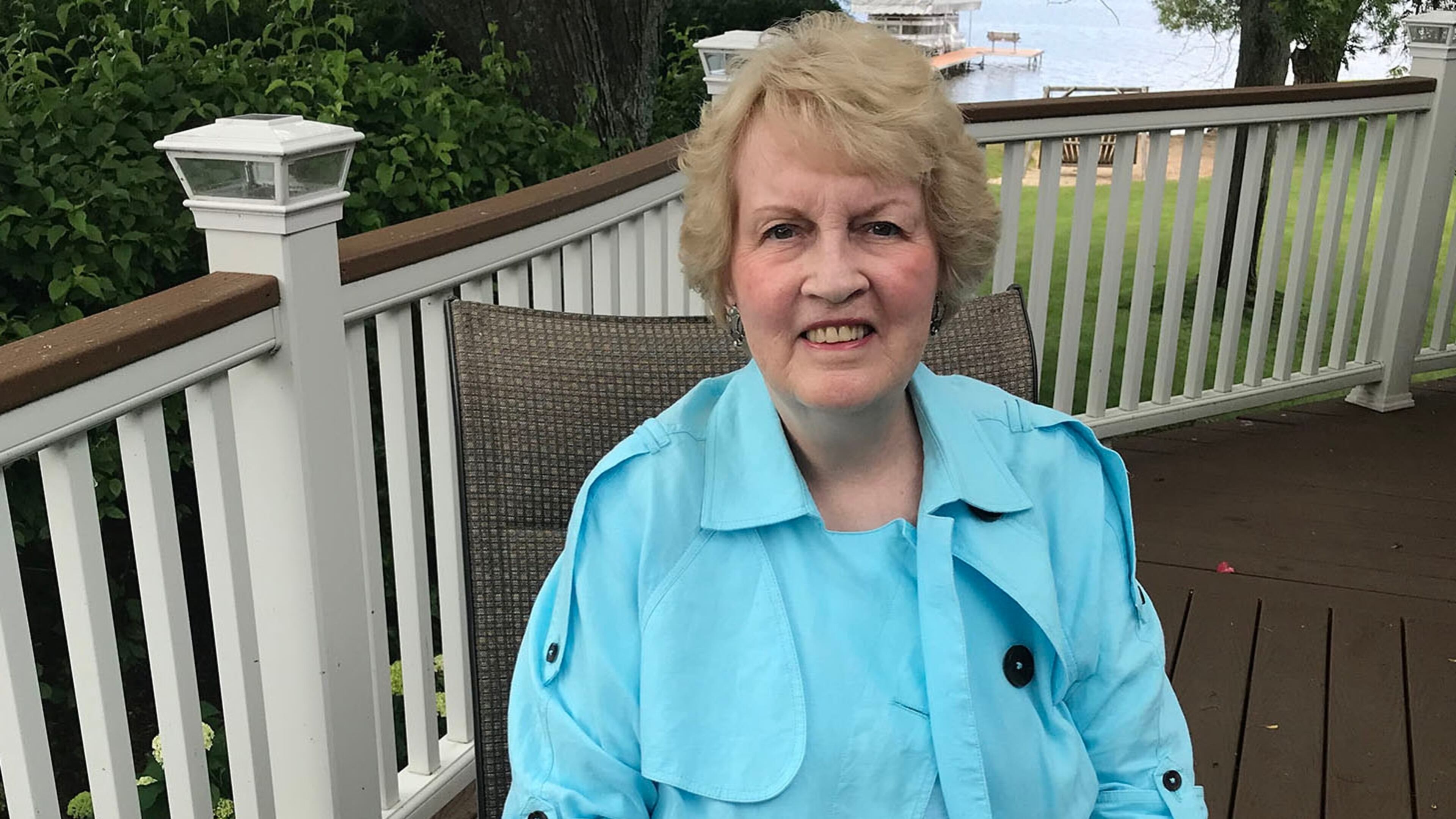 Joan White developed the chronic and painful condition lymphedema after she had surgery in the 1980s. That sparked her to create Lighthouse Lymphedema Network, to shine the light on the condition and help those who have it. Here she is vacationing at ached a picture taken today of me here at Lake Cadillac in her home state of Michigan. Courtesy of Douglas White