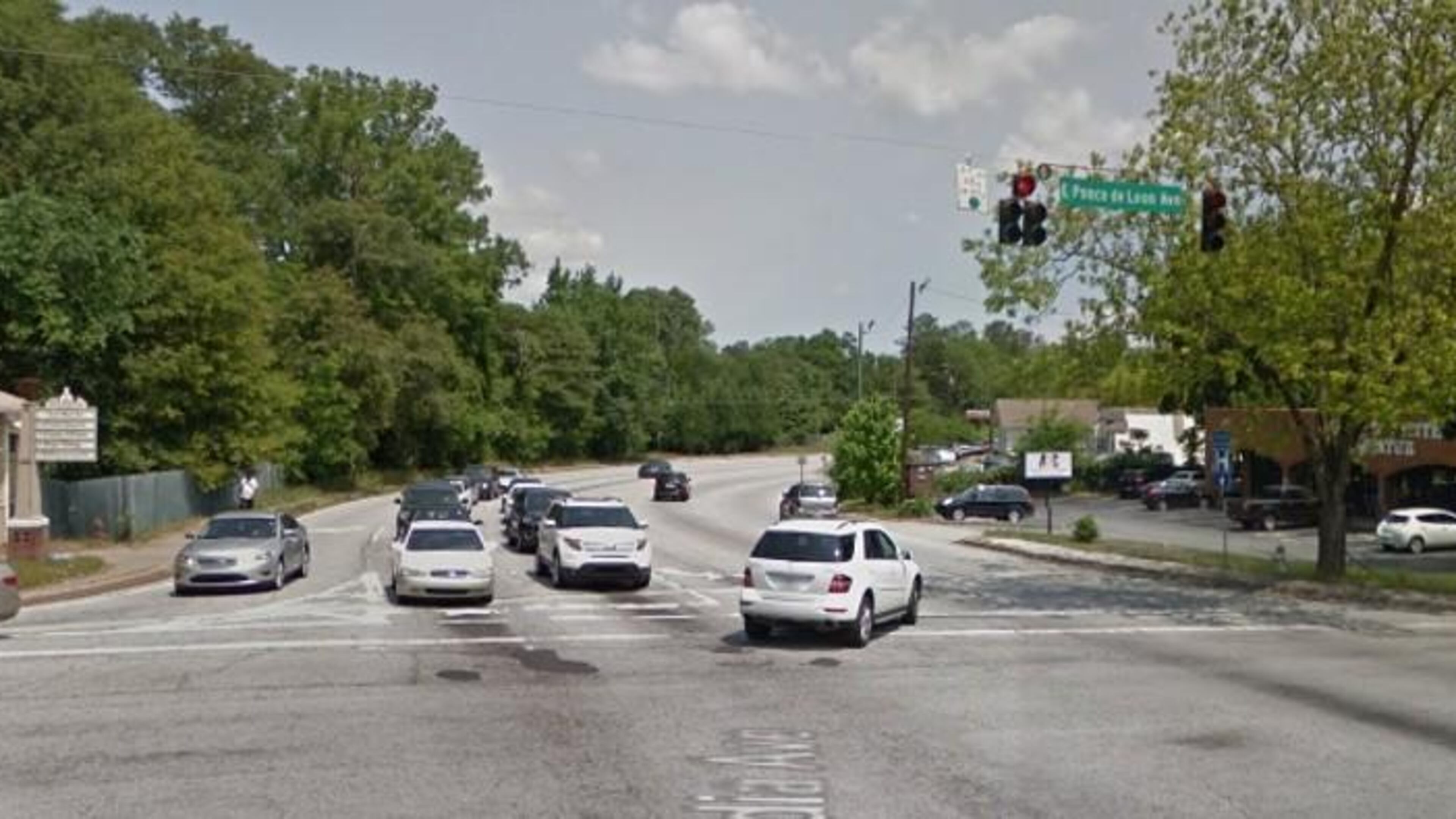 North Arcadia Avenue facing north, with East Ponce de Leon Avenue jutting to the right. The proposed Alliance Realty project doesn’t include the small strip mall to the right, but includes land north and east of it, most currently in DeKalb County just outside of Decatur. Courtesy Google Earth.