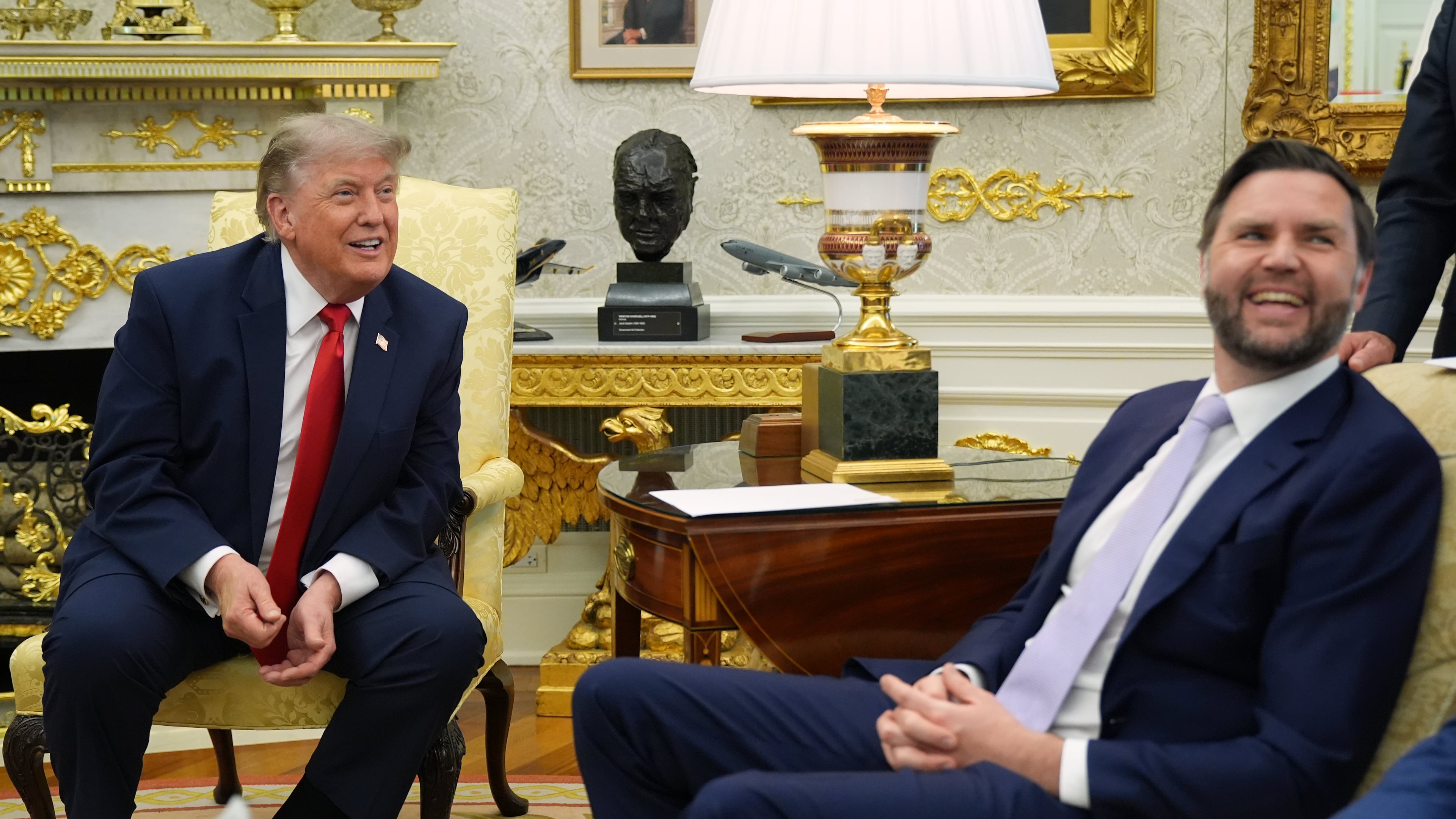 President Donald Trump and Vice President JD Vance smile during a meeting with NATO Secretary General Mark Rutte in the Oval Office at the White House, Wednesday, June 24, 2026, in Washington. (AP Photo/Jacquelyn Martin)