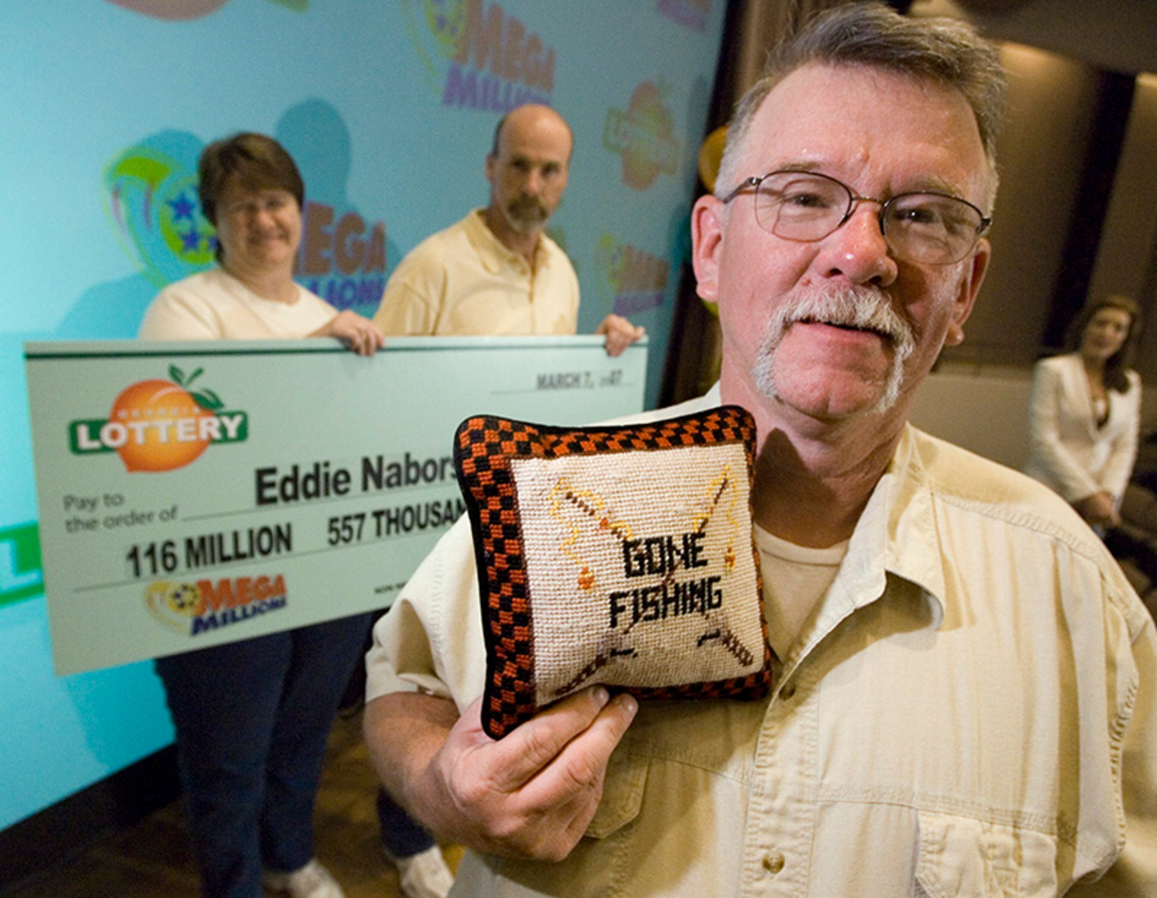 Two tickets from Georgia and New Jersey shared what was then the largest jackpot in U.S. history. The winners were a Cape May County, New Jersey couple, Elaine and Harold “Barry” Messner, and a truck driver from northwest Georgia, Eddie Nabors of Rocky Face, about 90 miles north of Atlanta. Nabors took the lump sum payout of $116.4 million for his share of the $390 million Mega Millions prize.