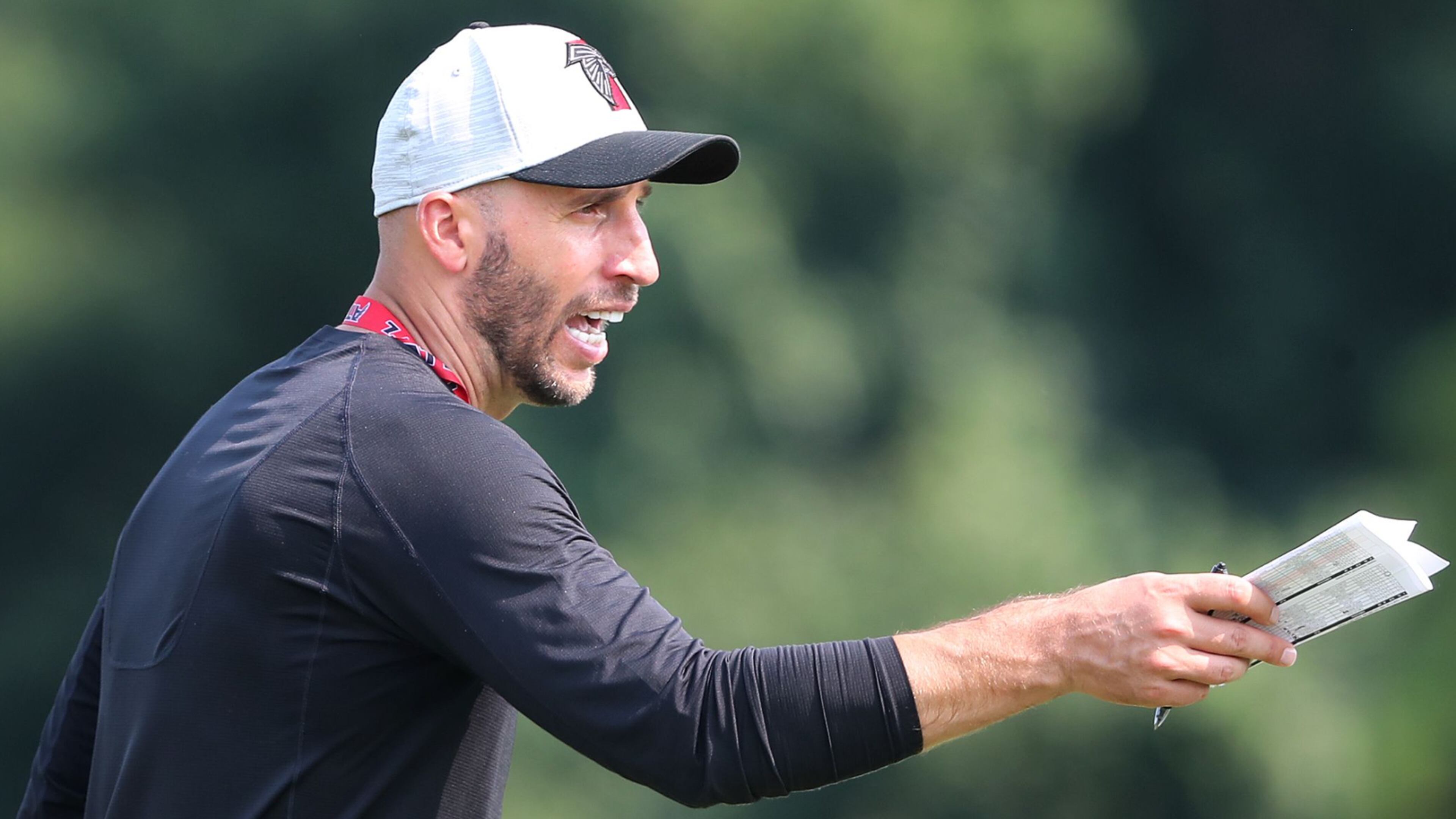 073121 Flowery Branch: Atlanta Falcons offensive coordinator Dave Ragone calls a play during the third day of training camp practice on Saturday, July 31, 2021, in Flowery Branch. ���Curtis Compton / Curtis.Compton@ajc.com���
