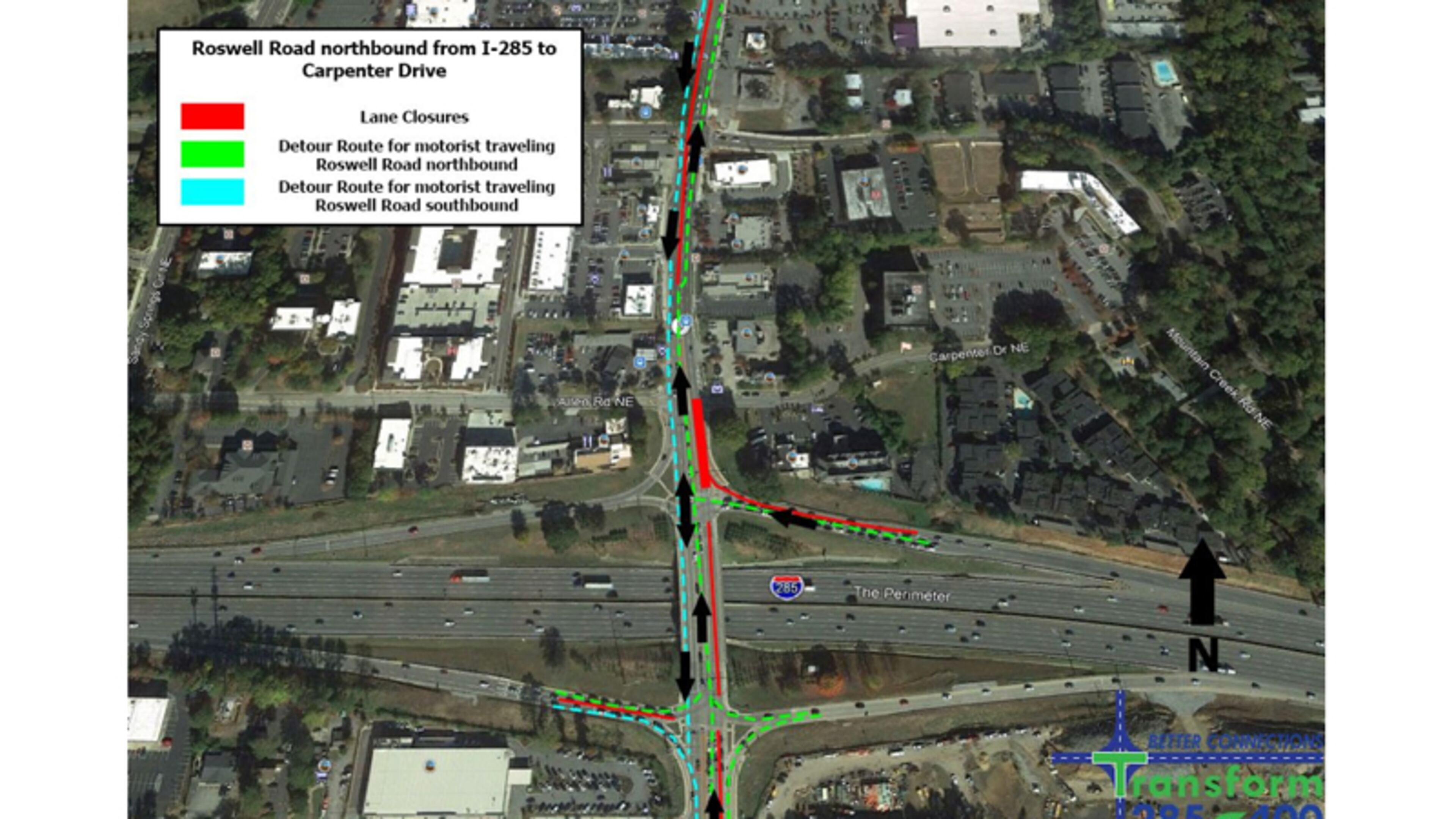 Map depicts the lane closures planned for northbound Roswell Road at I-285 as part of the I-285/Ga. 400 interchange reconstruction project. GEORGIA DEPARTMENT OF TRANSPORTATION