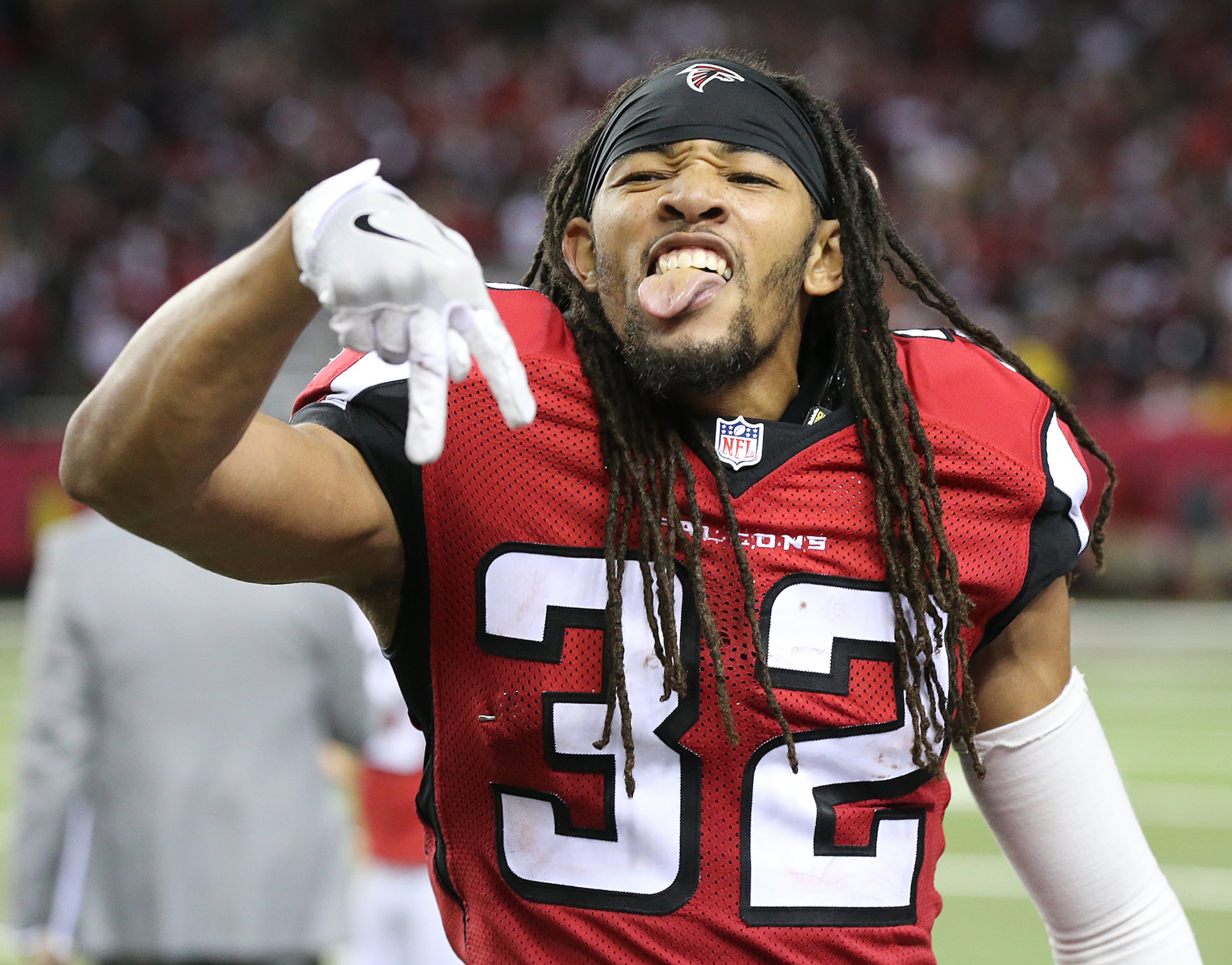 January 22, 2017, Atlanta: Falcons cornerback Jalen Collins celebrates beating the Packers 44-21 in the NFL football NFC Championship game to advance to the Super Bowl on Sunday, Jan. 22, 2017, in Atlanta. Curtis Compton/ccompton@ajc.com