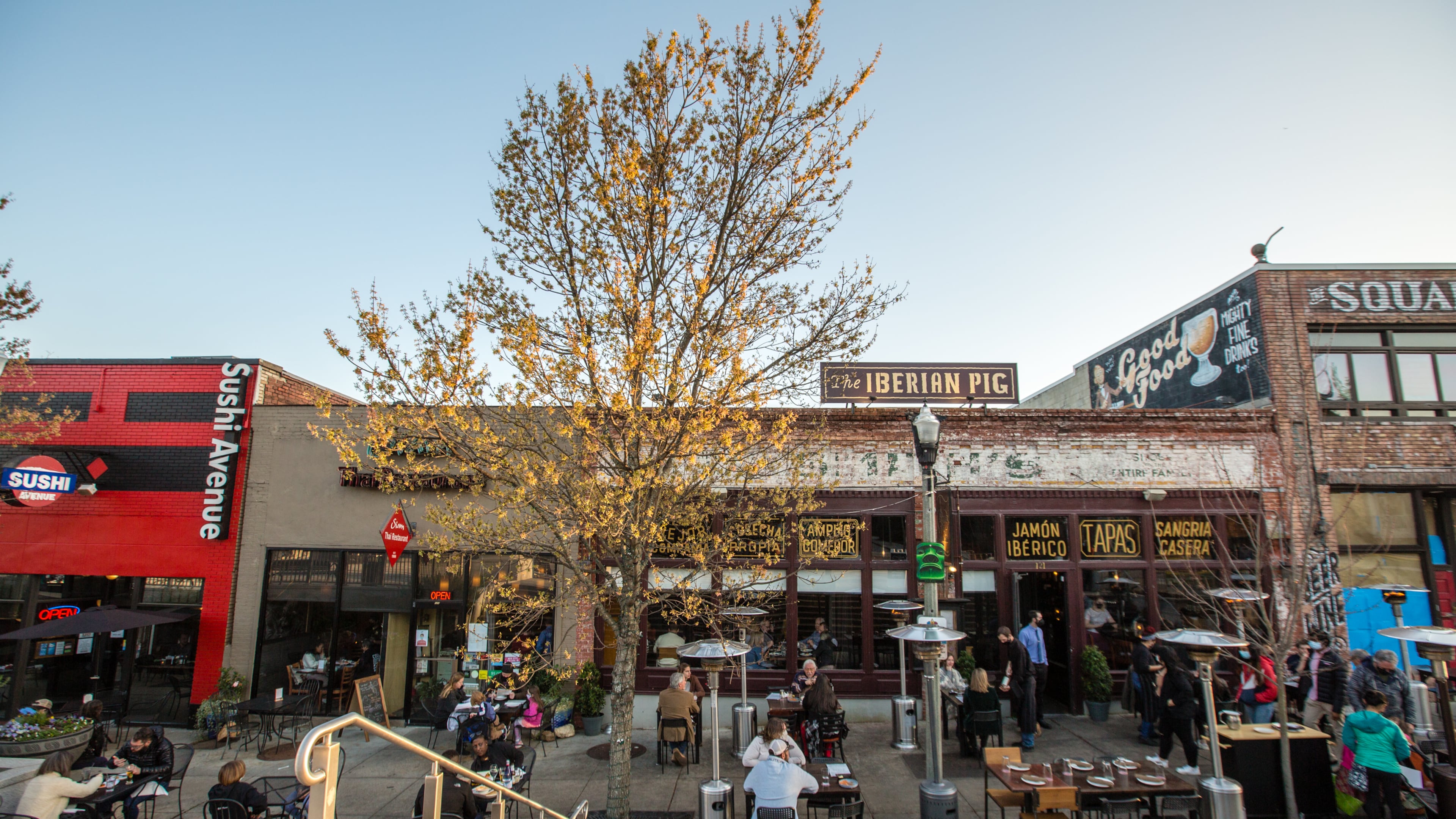 Decatur Square is busy on the first official day of Spring, Saturday, March 20, 2021 with families and outdoor diners enjoying the weather, live music and ice cream. (Jenni Girtman for The Atlanta Journal-Constitution)
