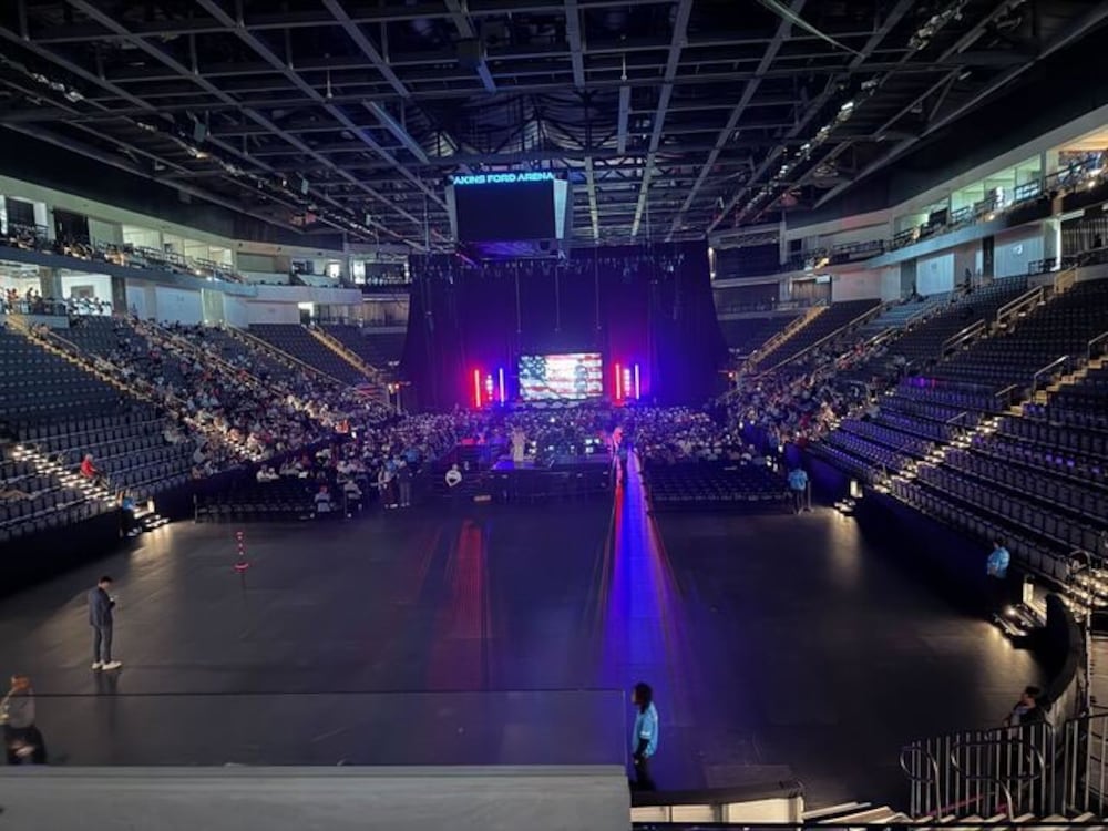 The crowd at the start of a Turning Point USA event near the University of Georgia on Tuesday, April 14, 2026. (Fletcher Page/AJC)