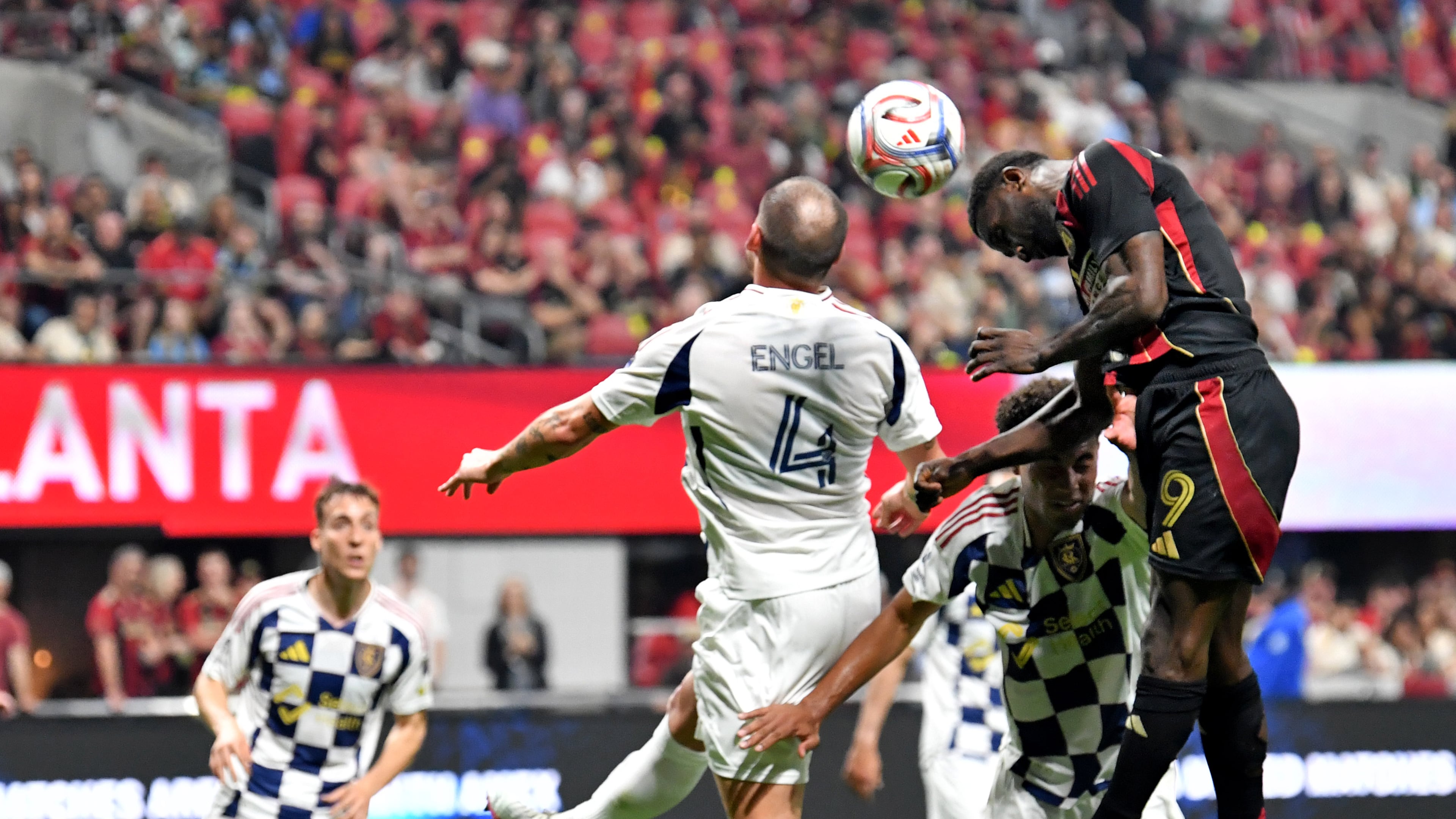 Atlanta United forward Emmanuel Latte Lath (9) deflects a shot during the second half in the team's home opener against Real Salt Lake at Mercedes-Benz Stadium on Saturday, March 7, 2026. Real Salt Lake won 3-2. (Hyosub Shin/AJC)