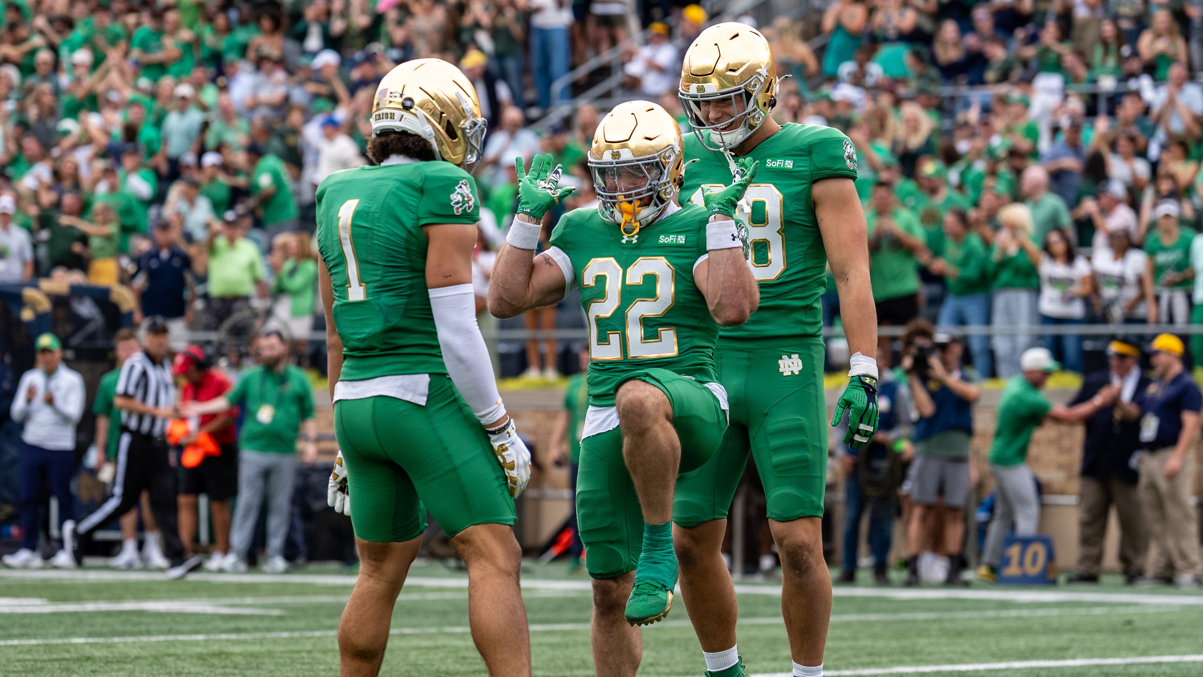 Notre Dame running back Aneyas Williams (22) celebrates scoring a touchdown during the first half of an NCAA college football game against Stanford, Saturday, Oct. 10, 2026, in South Bend, Ind. (AP Photo/Paul Barnick)