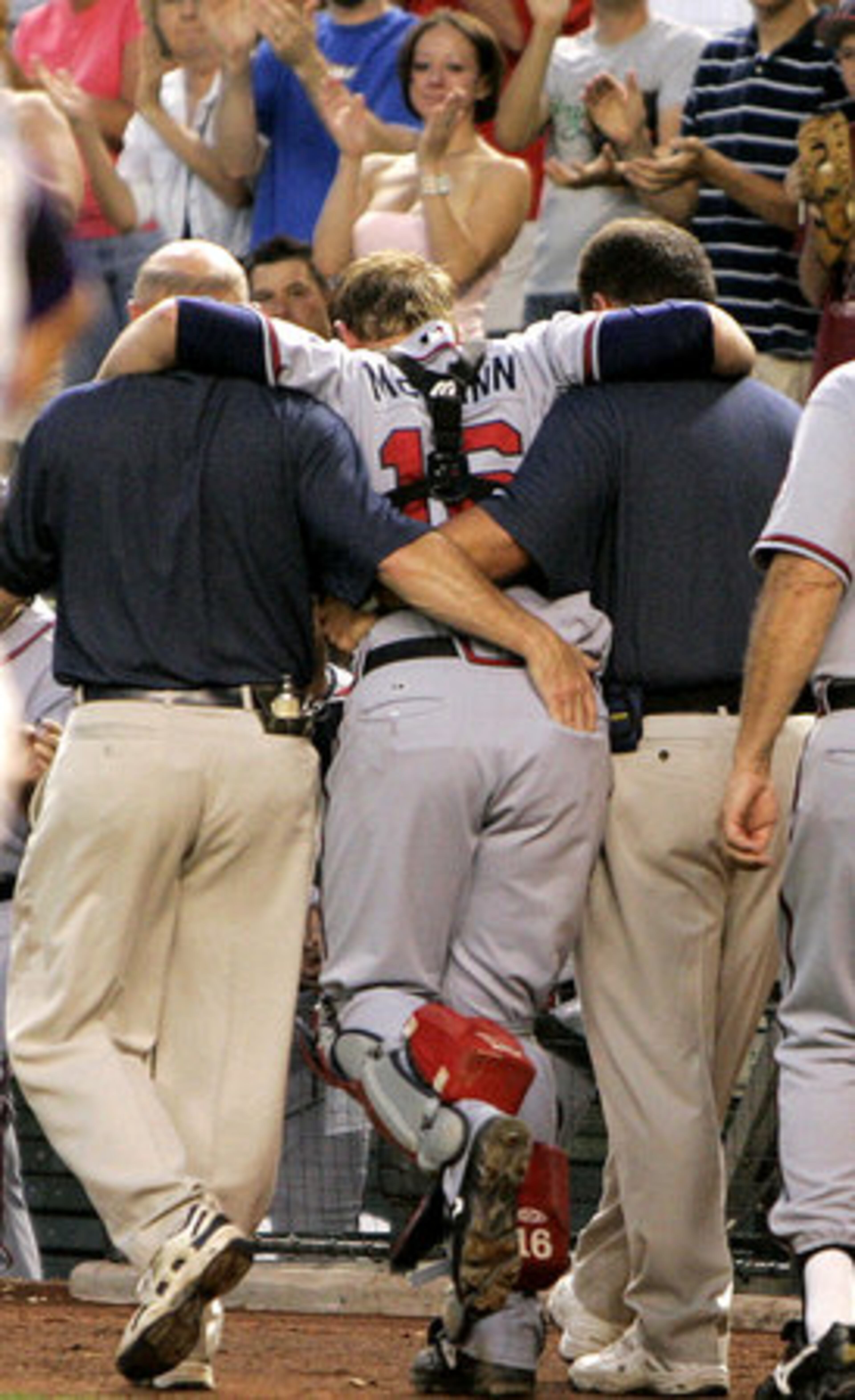 Braves catchers have also had their share of injury-causing collisions. When the Diamondbacks' Eric Byrnes thrust his shoulder into Braves catcher Brian McCann during a 2006 collision, McCann heard a "pop." He had to be helped off the field and figured he was done for the season, but the Atlanta All-Star had only sprained his left ankle. He was placed on the 15-day disabled list. "I got lucky because my knee was not square," McCann said. "I could have torn my ACL."