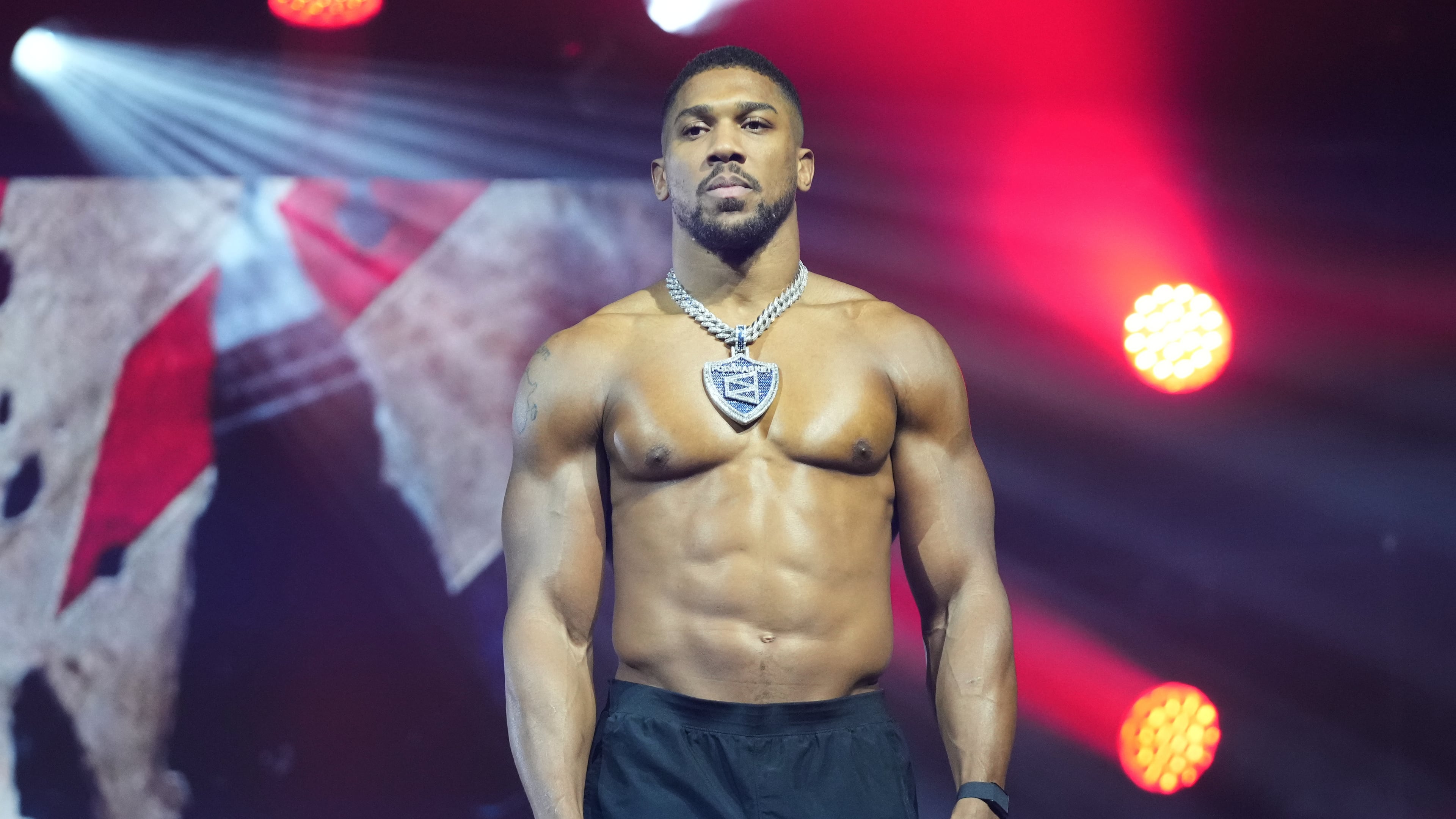Anthony Joshua is introduced during a weigh-in ahead of his heavyweight boxing match against Jake Paul, Thursday, Dec. 18, 2025, in Miami Beach, Fla. (AP Photo/Lynne Sladky)