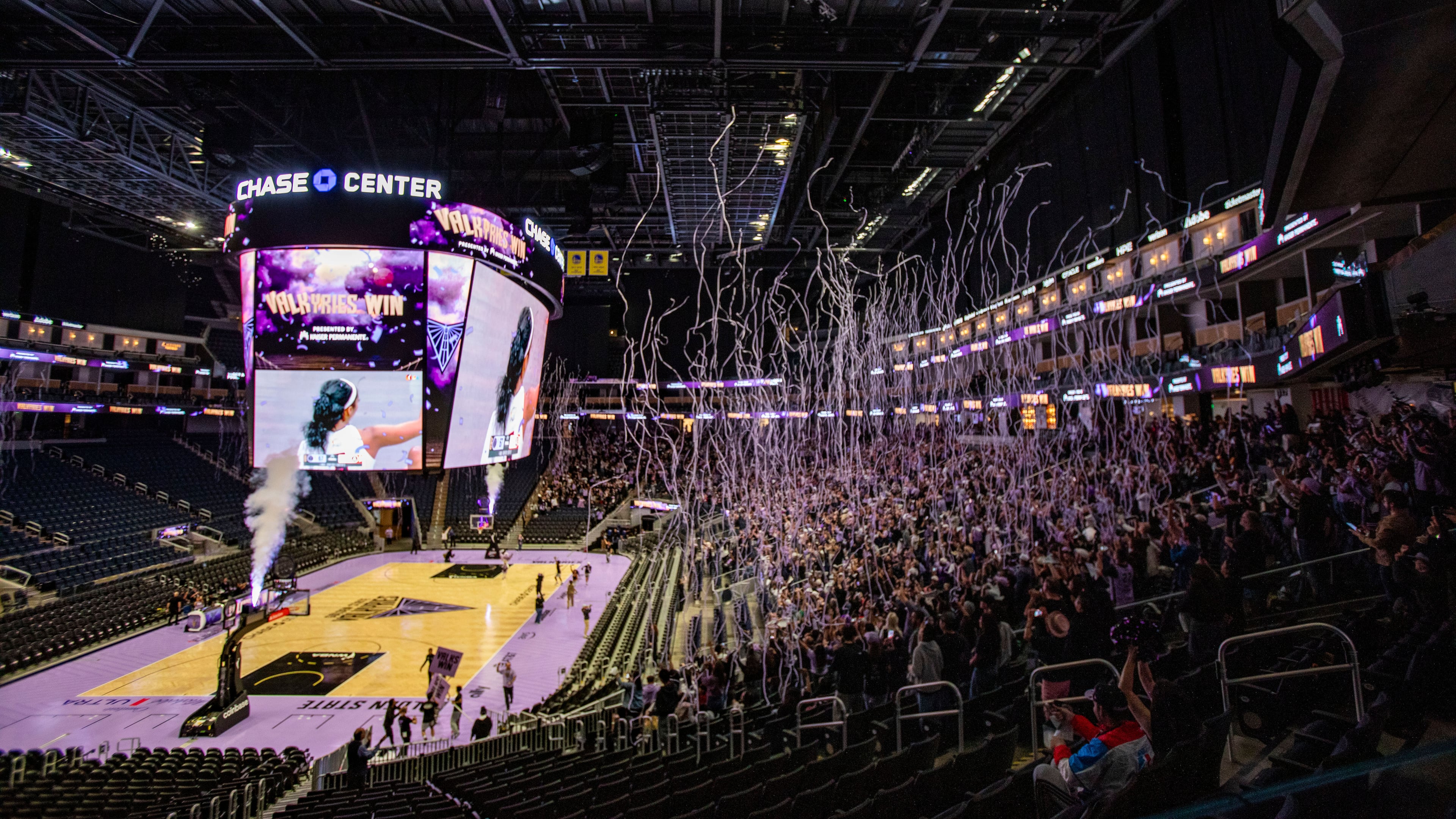 Streamers fall from the rafters following the Golden State Valkyries victory over the Atlanta Dream in Game 4 of the WNBA basketball finals against the Atlanta Dream, Saturday, Oct. 24, 2026, in Atlanta. (Dan Hernandez/San Francisco Chronicle via AP)