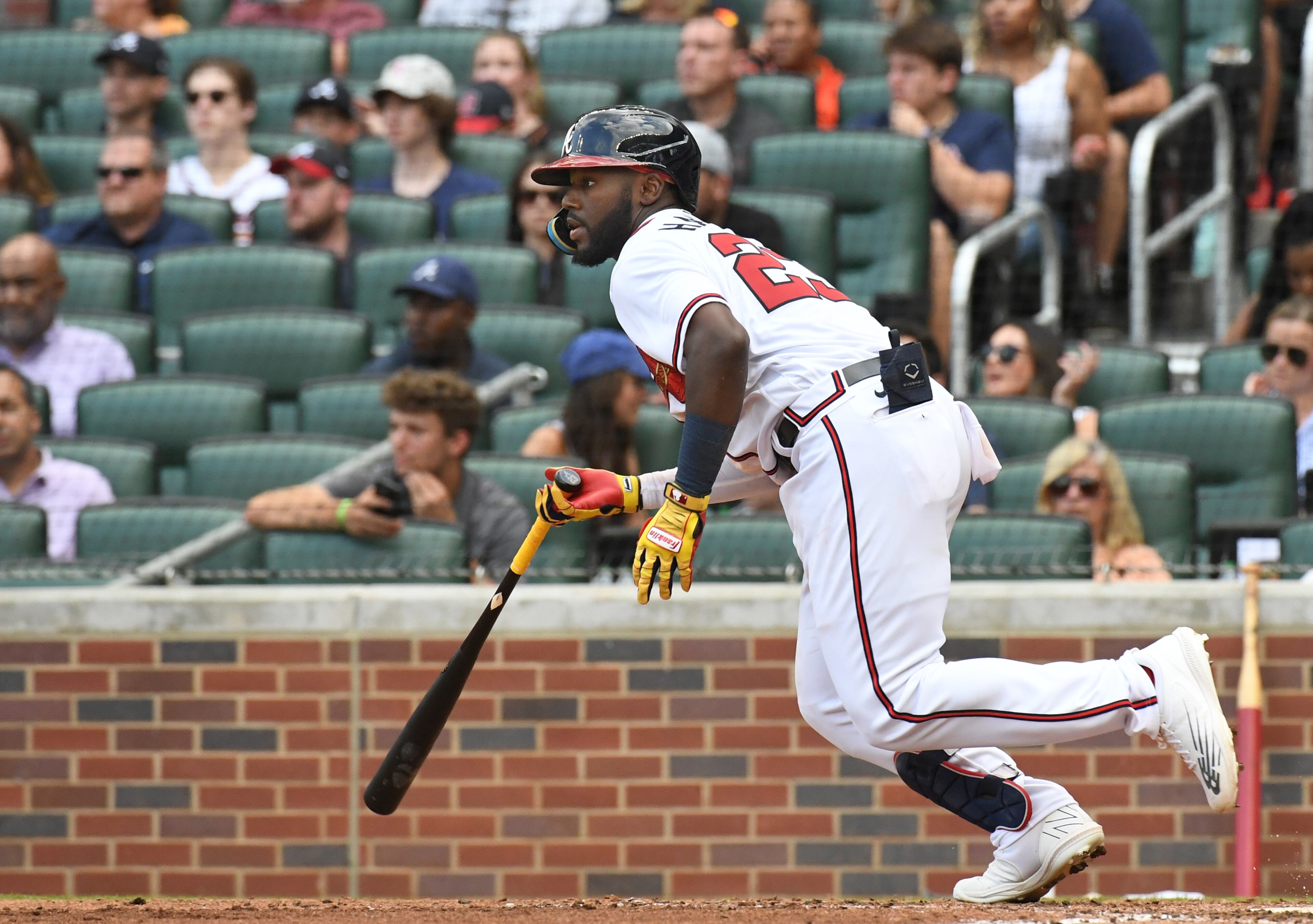 June 11, 2022 Atlanta - Atlanta Braves' right fielder Michael Harris (23) hits hits an RBI single in the 7th inning at Truist Park on Saturday, June 11, 2022. Atlanta Braves won 10-4 over Pittsburgh Pirates. (Hyosub Shin / Hyosub.Shin@ajc.com)