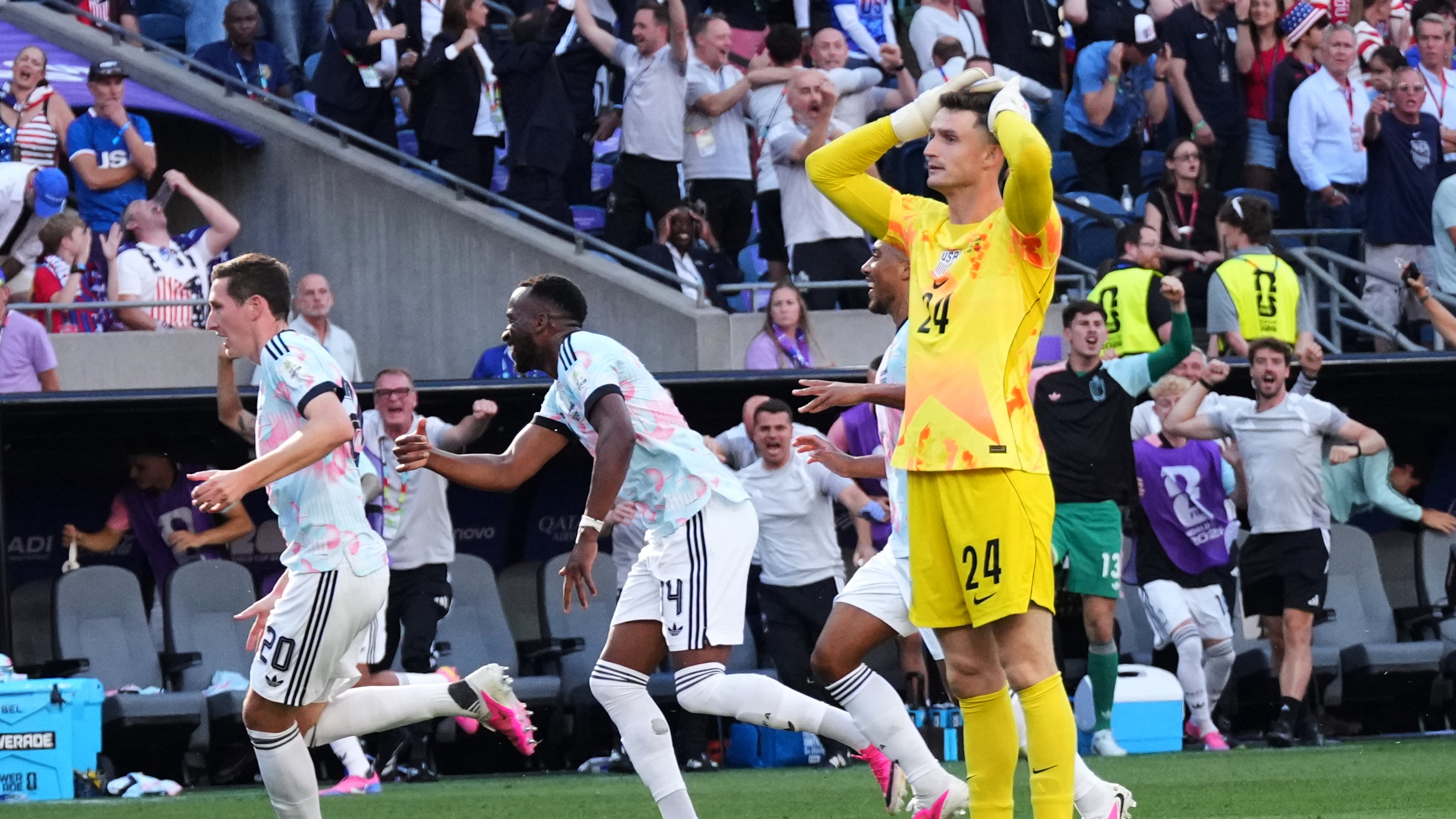 United States goalkeeper Matt Freese (24) reacts after Belgium scores their third goal during the World Cup round of 16 soccer match in Seattle, Monday, July 6, 2026. (AP Photo/Ted S. Warren)